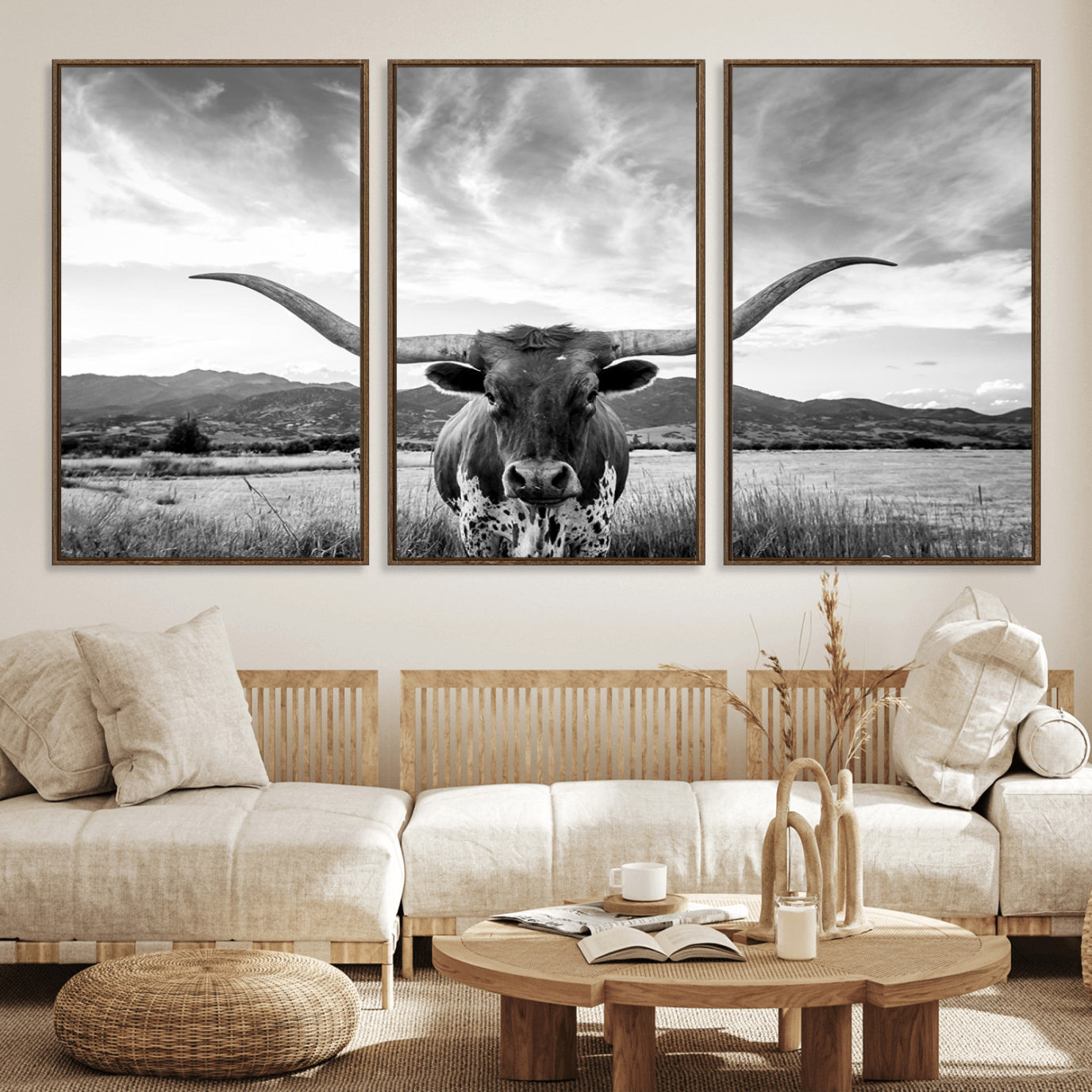 79527-MGV-FC-60X30-3P_Walnut-Longhorn Black and White Wall Art – Rustic Western Bull Canvas Print, Farmhouse Country Decor for Living Room, Office or Ranch, Cowboy Wall Artwork