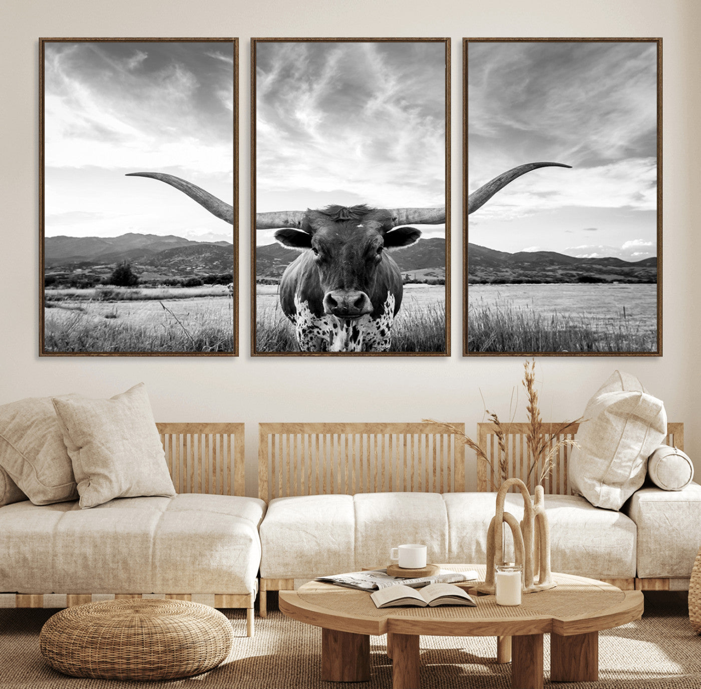 79527-MGV-FC-60X30-3P_Walnut-Longhorn Black and White Wall Art – Rustic Western Bull Canvas Print, Farmhouse Country Decor for Living Room, Office or Ranch, Cowboy Wall Artwork