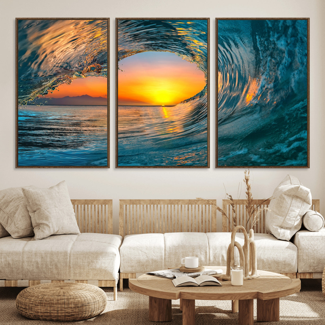 84279-MGV-FC-60X30-3P_Walnut-Ocean Wave Sunset Wall Art | Large Coastal Wave Canvas Print | 3-Panel Ocean Sunset Seascape for