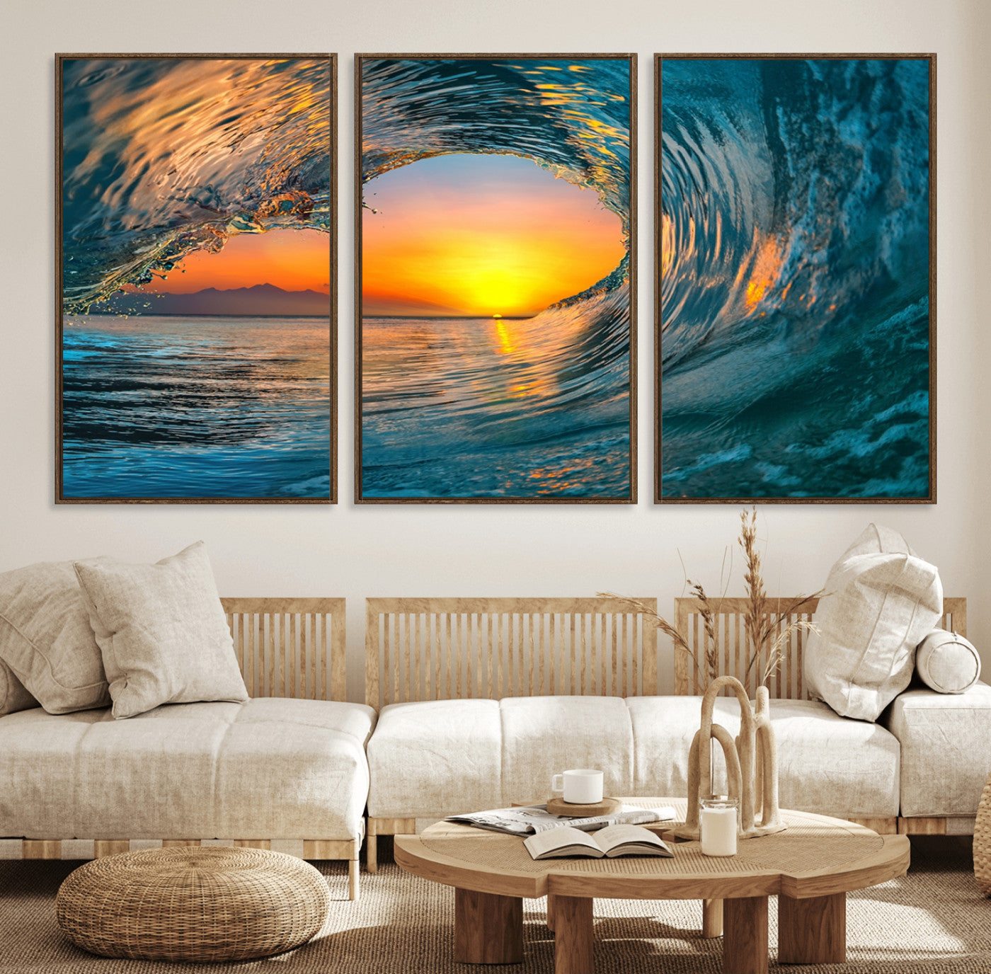 84279-MGV-FC-60X30-3P_Walnut-Ocean Wave Sunset Wall Art | Large Coastal Wave Canvas Print | 3-Panel Ocean Sunset Seascape for