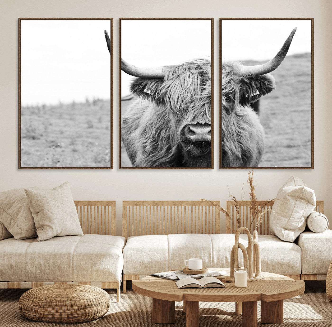 16248-MGV-FC-60X30-3P_Walnut-Newfoundland Cow Art Wall Art, Black White Cow Art Wall Art Canvas Print