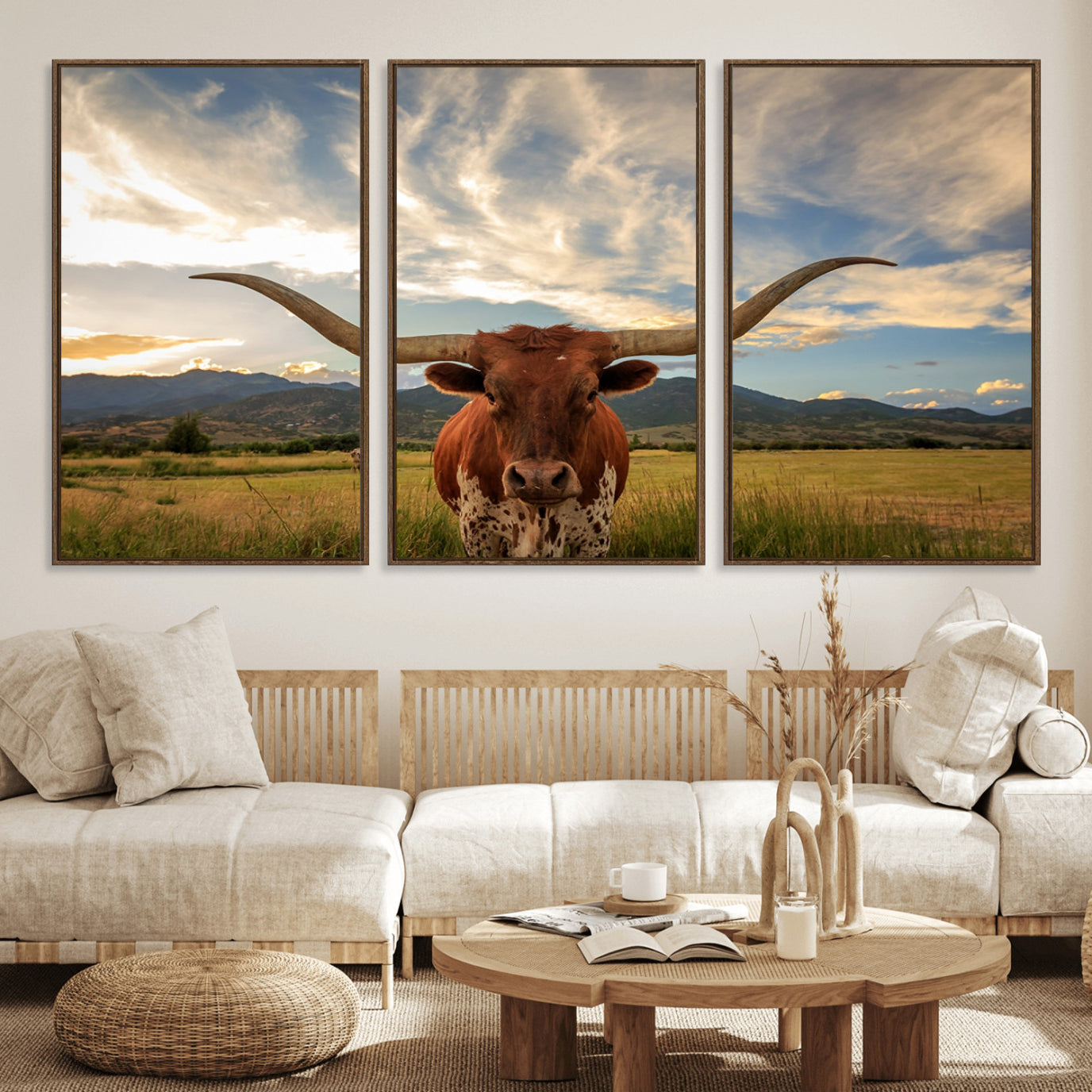55416-MGV-FC-60X30-3P_Walnut-Texas Longhorn Canvas Wall Art – Majestic Triptych Animal Print – Rustic Western Decor for Living