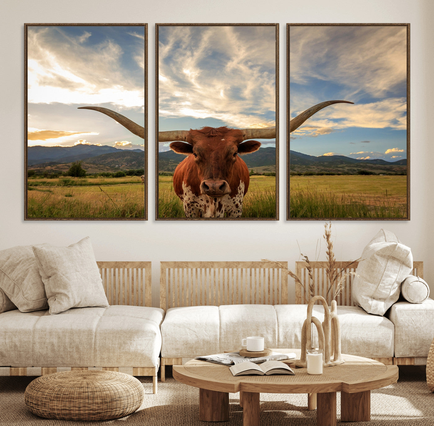 55416-MGV-FC-60X30-3P_Walnut-Texas Longhorn Canvas Wall Art – Majestic Triptych Animal Print – Rustic Western Decor for Living