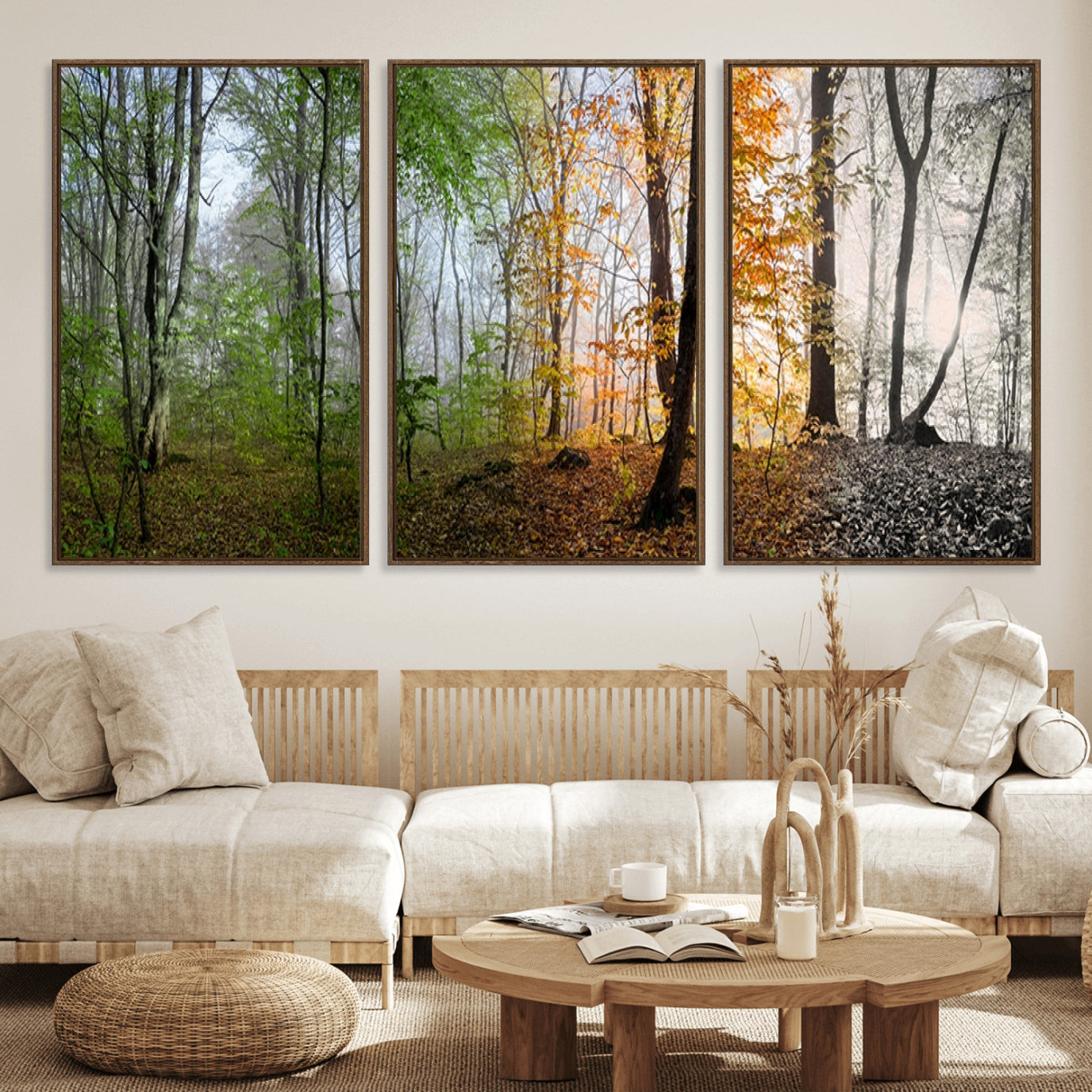 95317-MGV-FC-60X30-3P_Walnut-Four Seasons Wall Art Forest Canvas Print – Triptych Seasonal Nature Print – Landscape Decor for