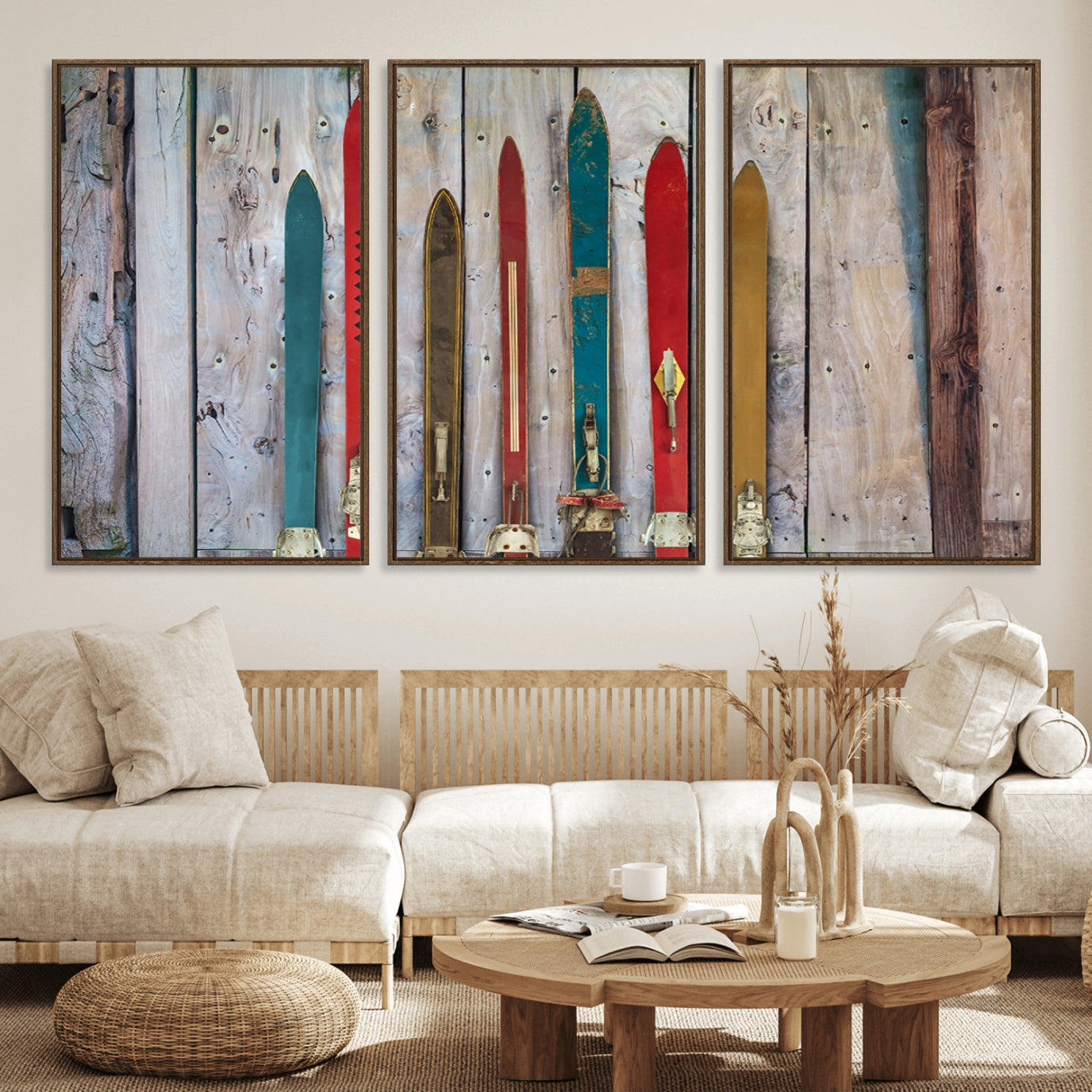 30640-MGV-FC-60X30-3P_Walnut-Vintage Wooden Weathered Ski's in Front of an Old Barn Wall Art Canvas Print for Farmhouse, Cabin