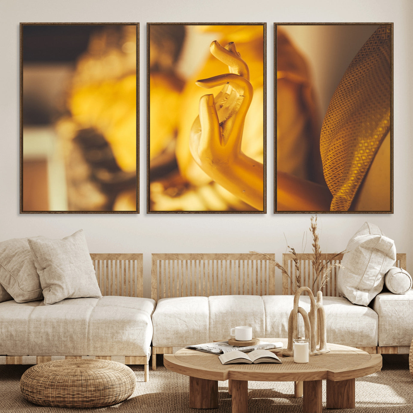 30728-MGV-FC-60X30-3P_Walnut-Gold Buddha Statue Hands Wall Art Canvas Print