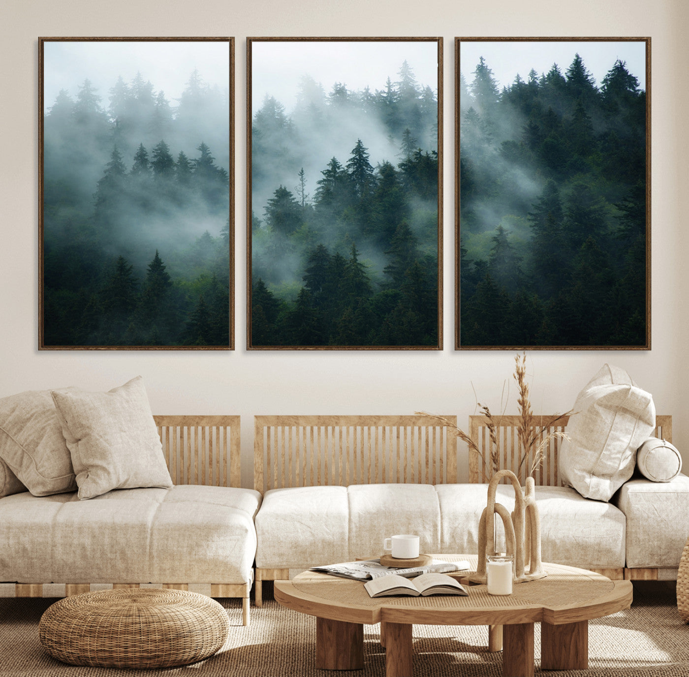 73410-MGV-FC-60X30-3P_Walnut-Misty Forest Wall Art – Serene Green Landscape Canvas Print, Nature-Inspired Woodland Decor for Living Room or Office