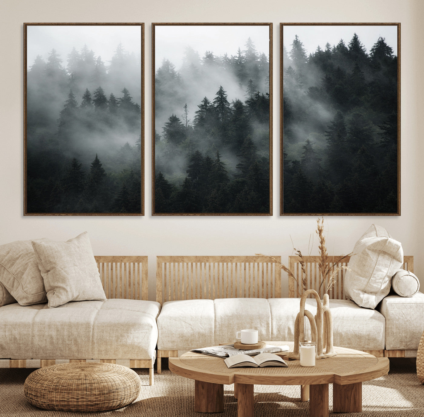 52359-MGV-FC-60X30-3P_Walnut-Foggy Forest Wall Art Canvas Print | 3 Panel Large Misty Landscape for Dining Room, Office, or