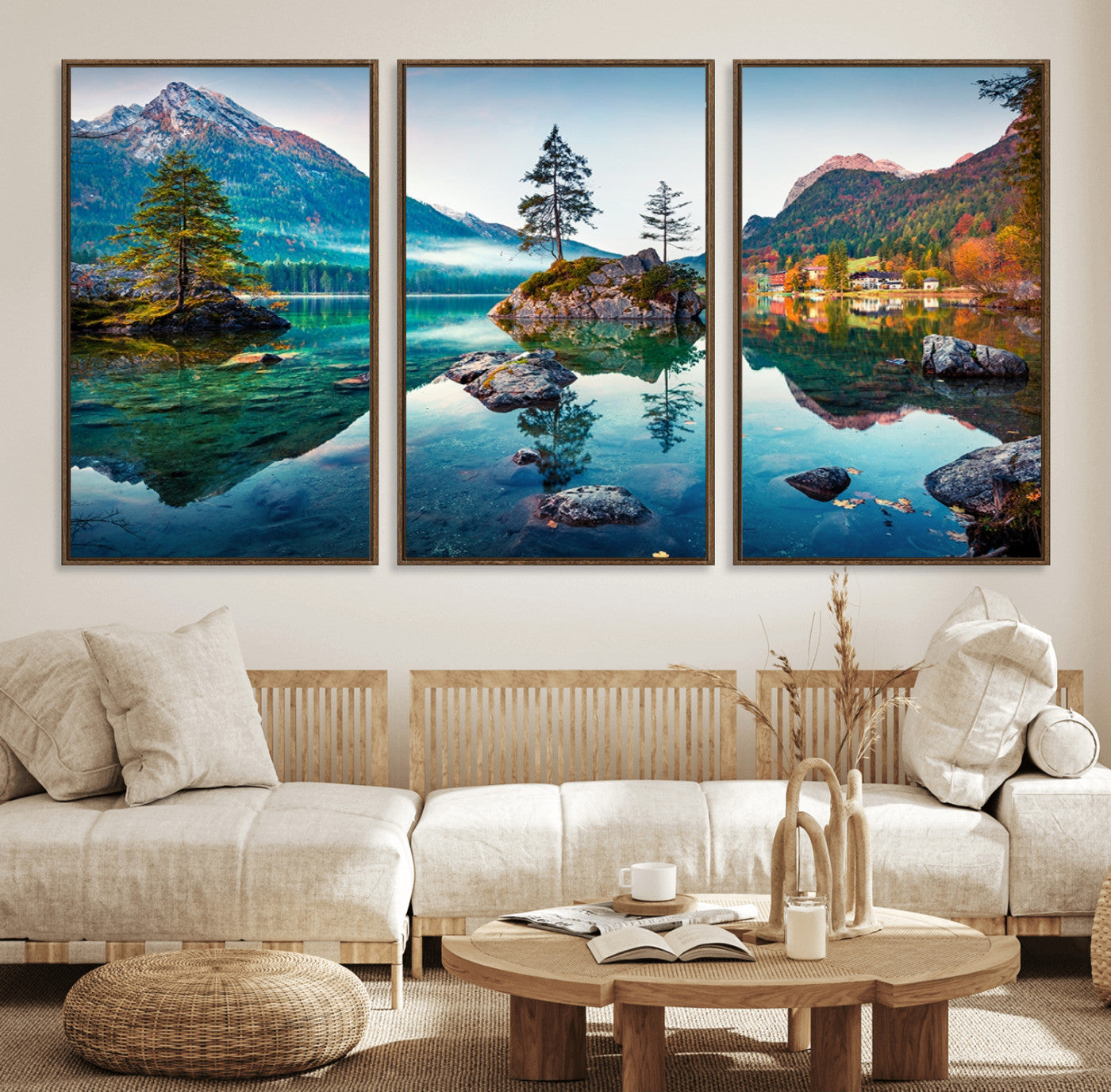 55009-MGV-FC-60X30-3P_Walnut-Crystal Clear Lake Wall Art | Mountains Wall Art Canvas | 3 Panel Large Landscape Print for Dining