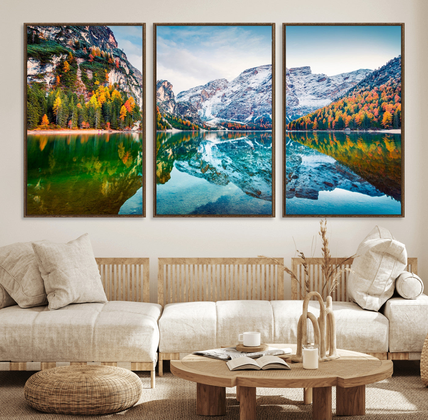 11645-MGV-FC-60X30-3P_Walnut-Spectacular autumn view of Braies Lake Wall Art Canvas Print