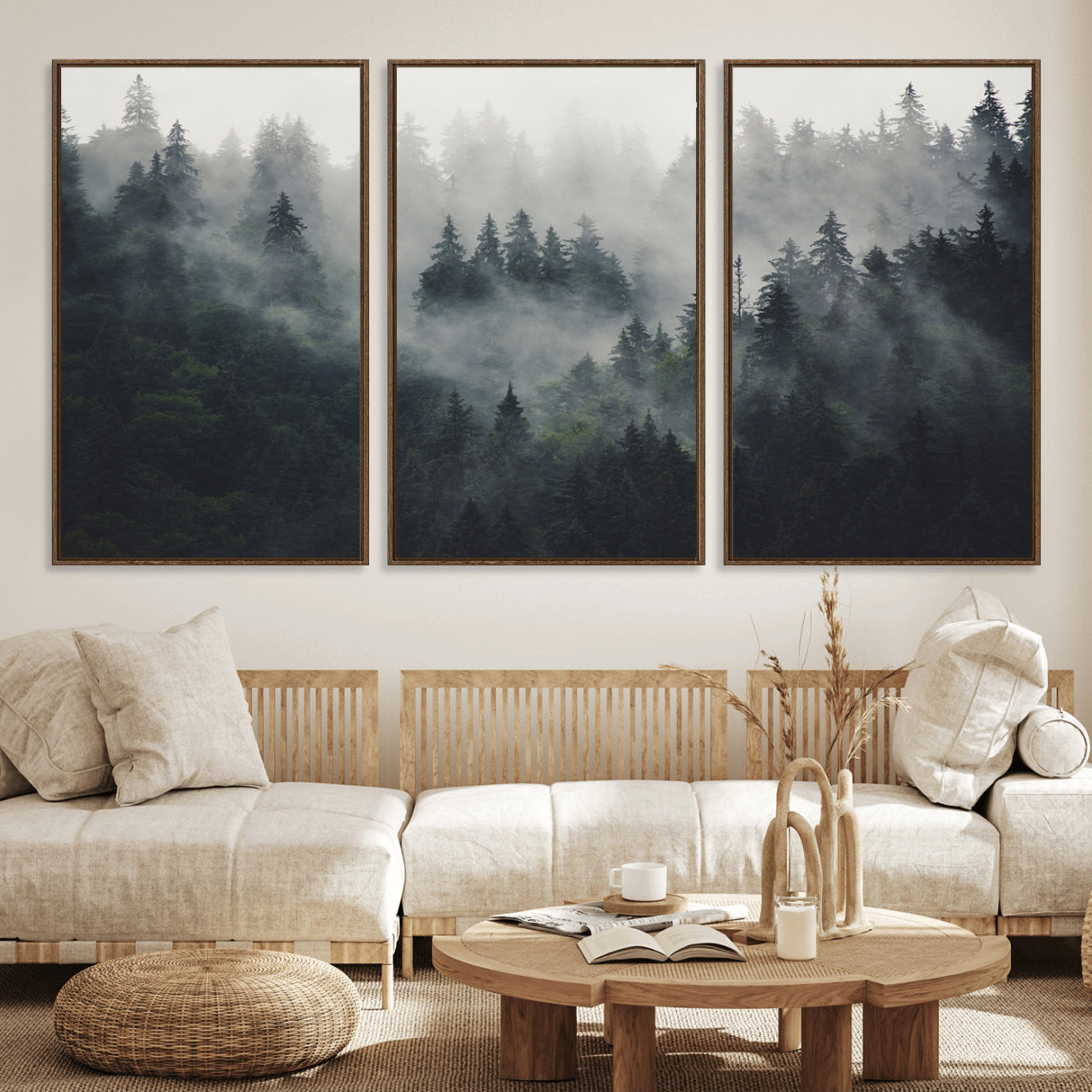 74938-MGV-FC-60X30-3P_Walnut-Nature Wall Decor - Serene Triptych Nature Print – Woodland Landscape Decor for Living Room or