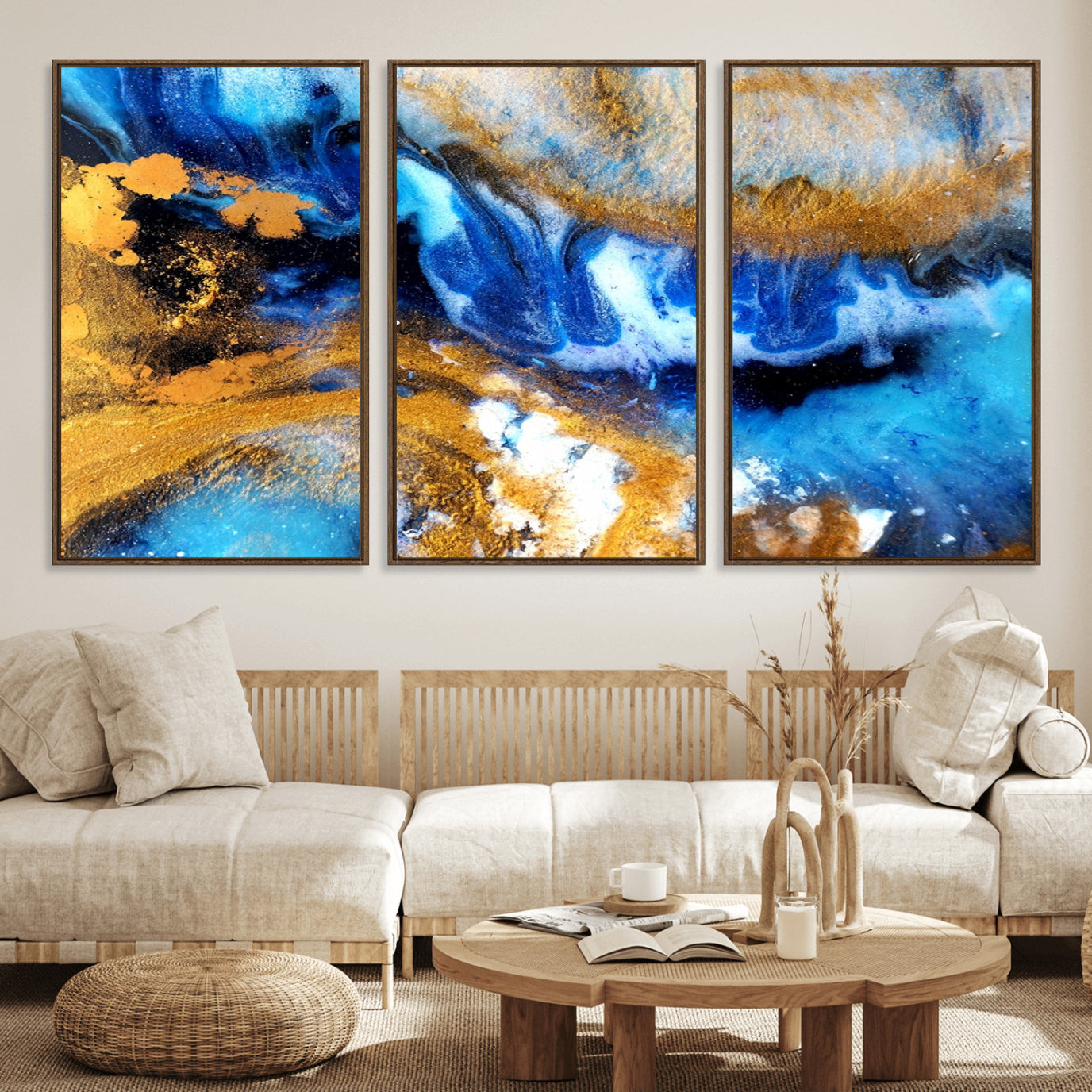 42100-MGV-FC-60X30-3P_Walnut-Blue Orange Marble Fluid Effect Canvas Wall Art Print