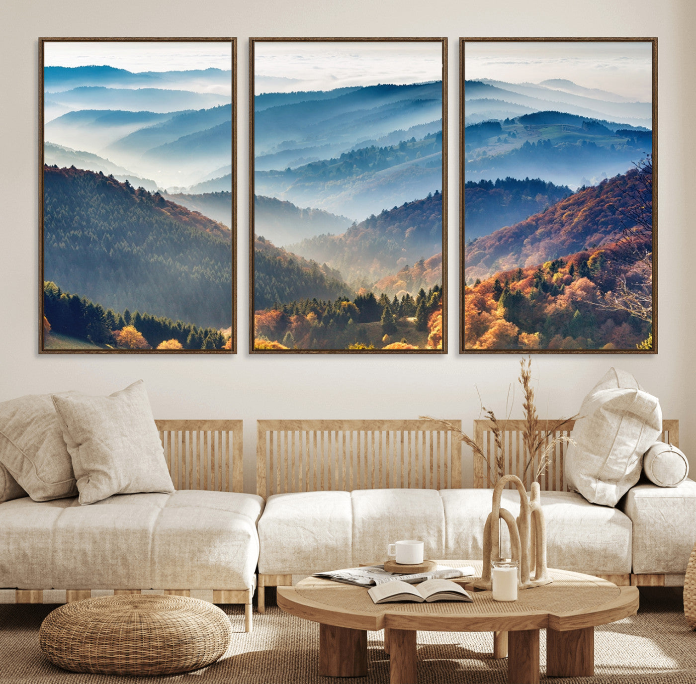 23293-MGV-FC-60X30-3P_Walnut-Misty Mountain Sunrise Triptych Canvas Print – Autumn Landscape Wall Art – Scenic Nature Decor –