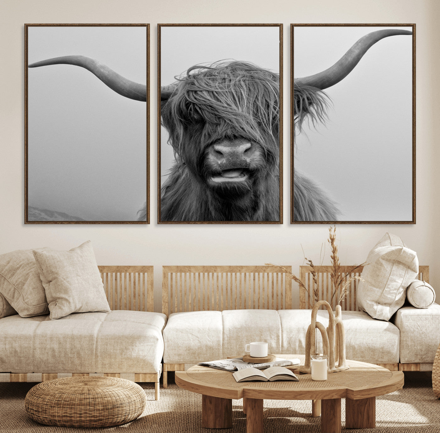 50834-MGV-FC-60X30-3P_Walnut-Texas Cow Wall Art Canvas, Texas Longhorn Cattle Canvas Print