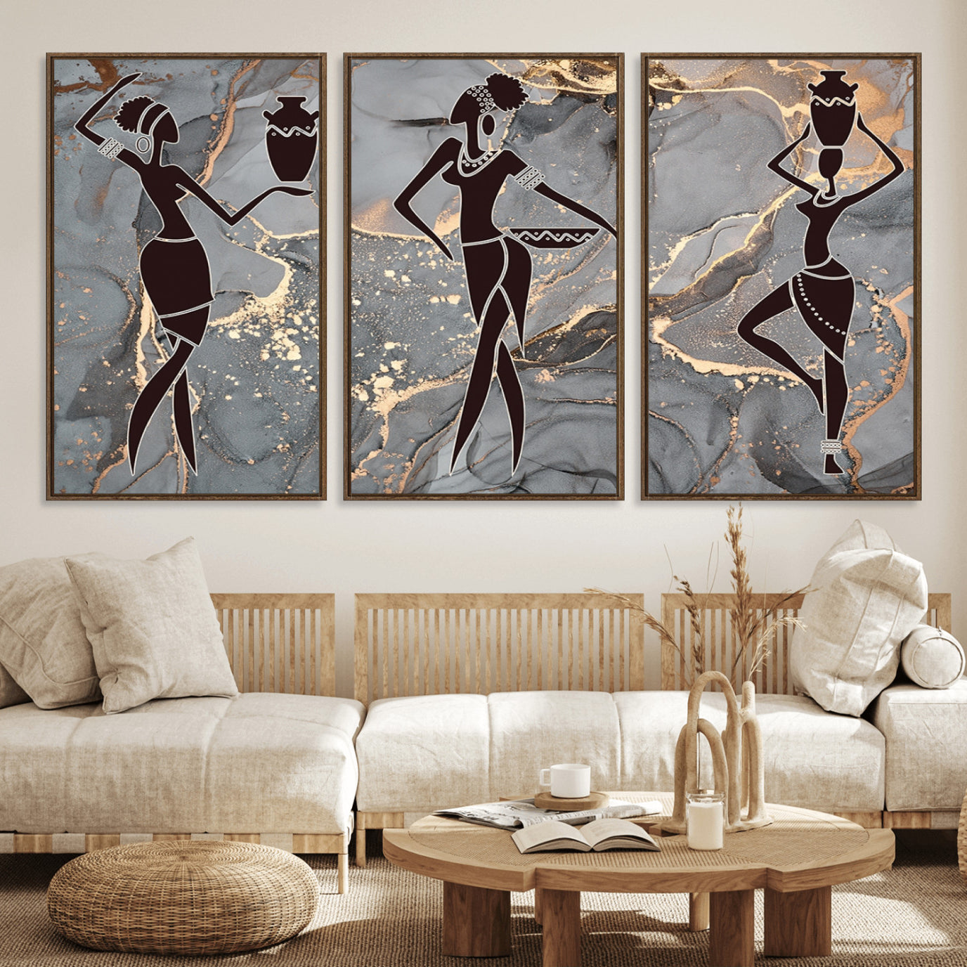 25097-MGV-FC-60X30-3P_Walnut-Abstract African Womens Art Canvas Print