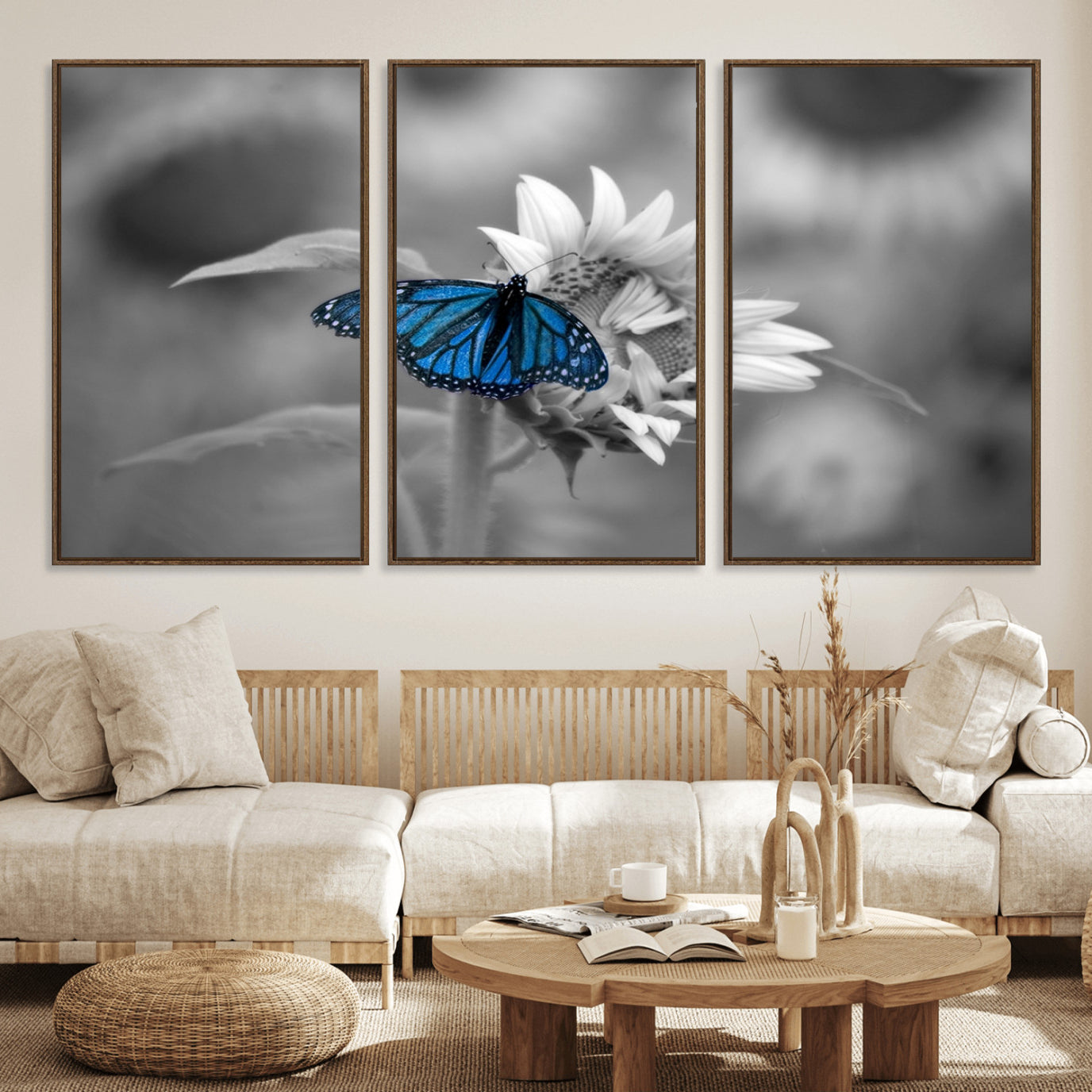 41965-MGV-FC-60X30-3P_Walnut-Blue Butterfly Black and White Canvas Wall Art