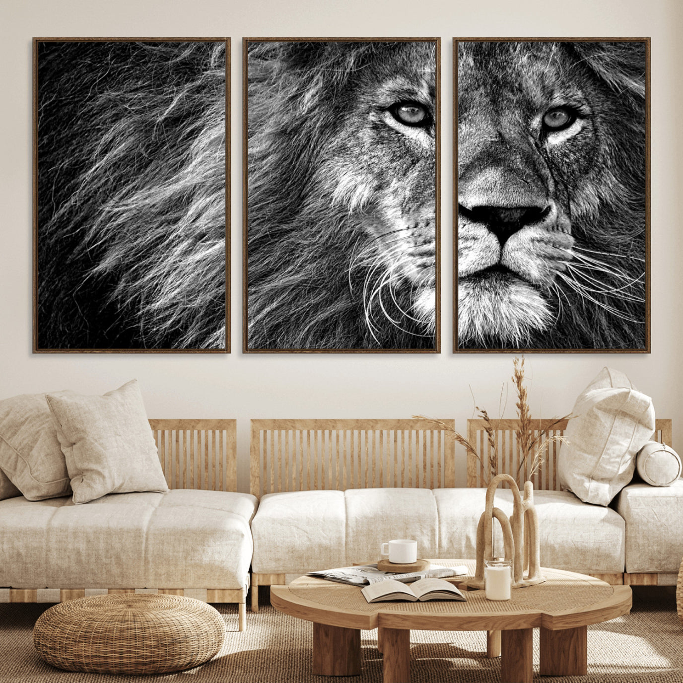 58363-MGV-FC-60X30-3P_Walnut-Black and White Lion Canvas Wall Art Print – Wildlife Portrait Artwork for Home, Office, Living Room, Guest Room