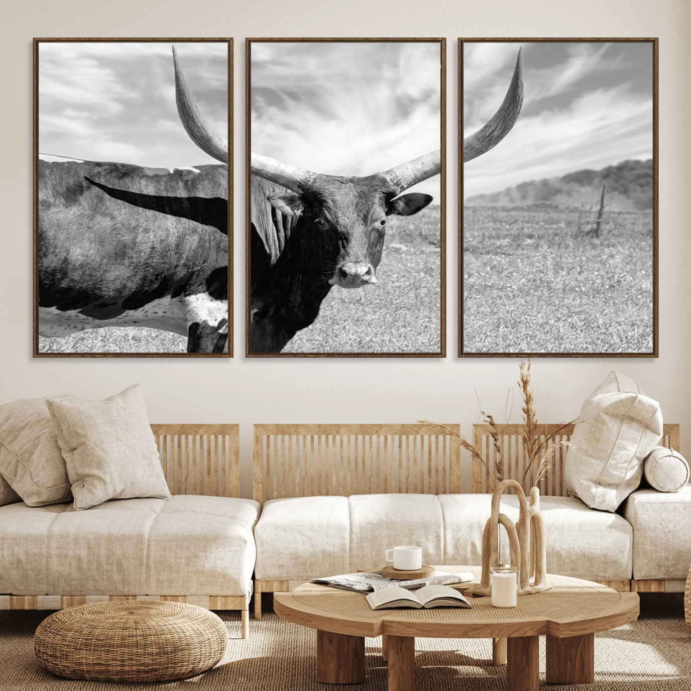 30017-MGV-FC-60X30-3P_Walnut-Longhorn Wall Art Canvas Print, Framed Ranch Wall Art Canvas Print
