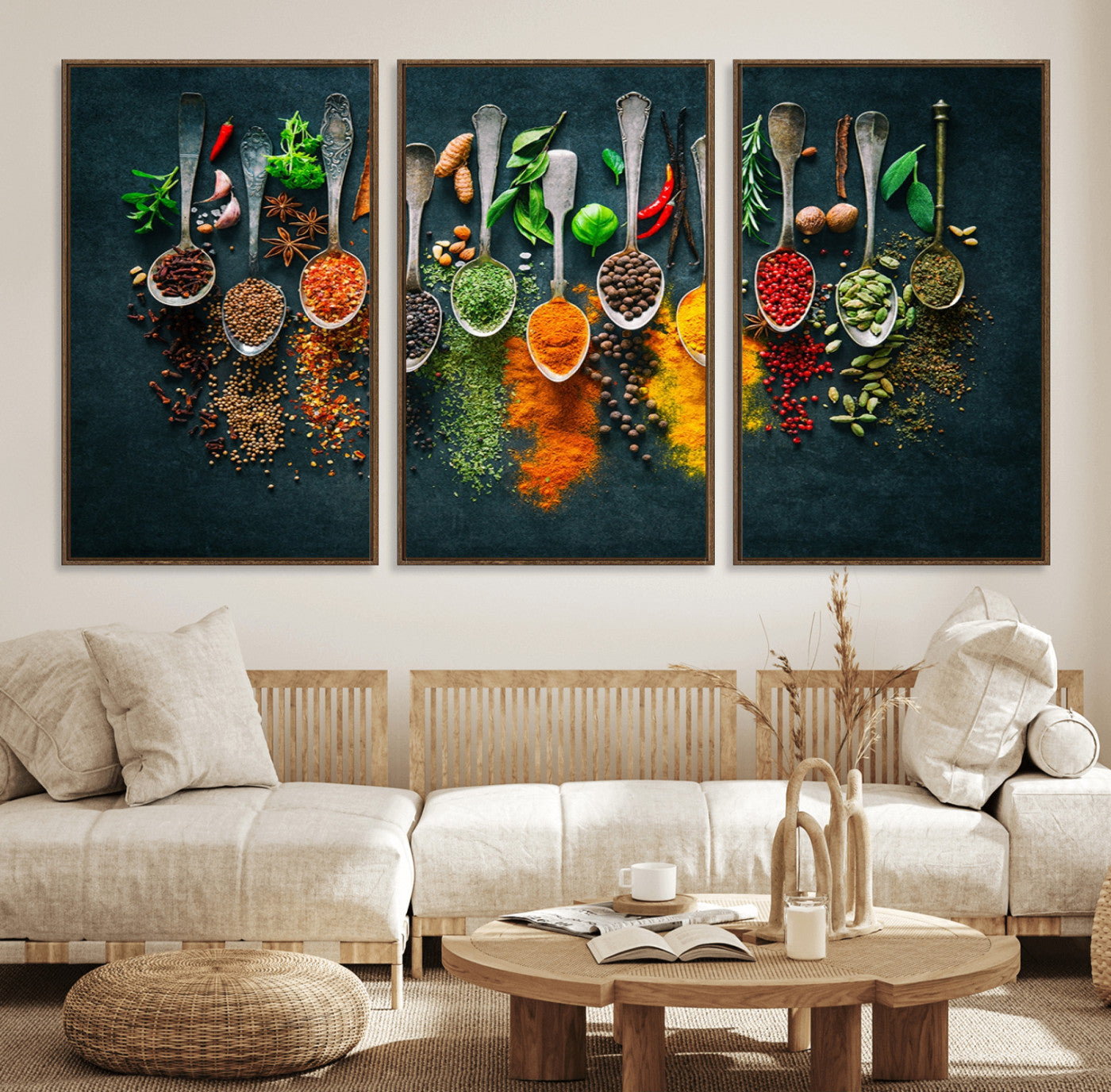 52202-MGV-FC-60X30-3P_Walnut-Colorful Spices Canvas Wall Art – Vibrant Kitchen Decor Triptych – Culinary Art Print for Dining