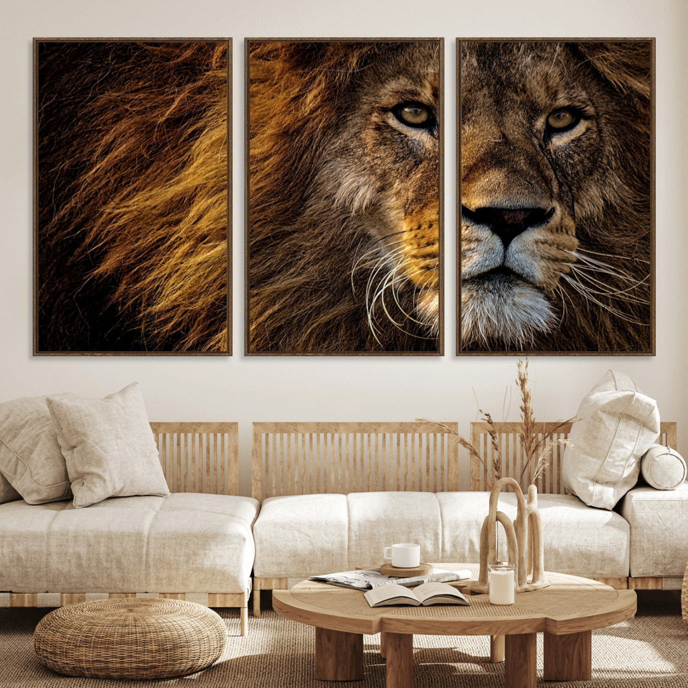 98665-MGV-FC-60X30-3P_Walnut-Mighty Lion Wall Art Canvas Print – Majestic Animal Portrait Artwork for Home, Office, Living Room, Guest Room