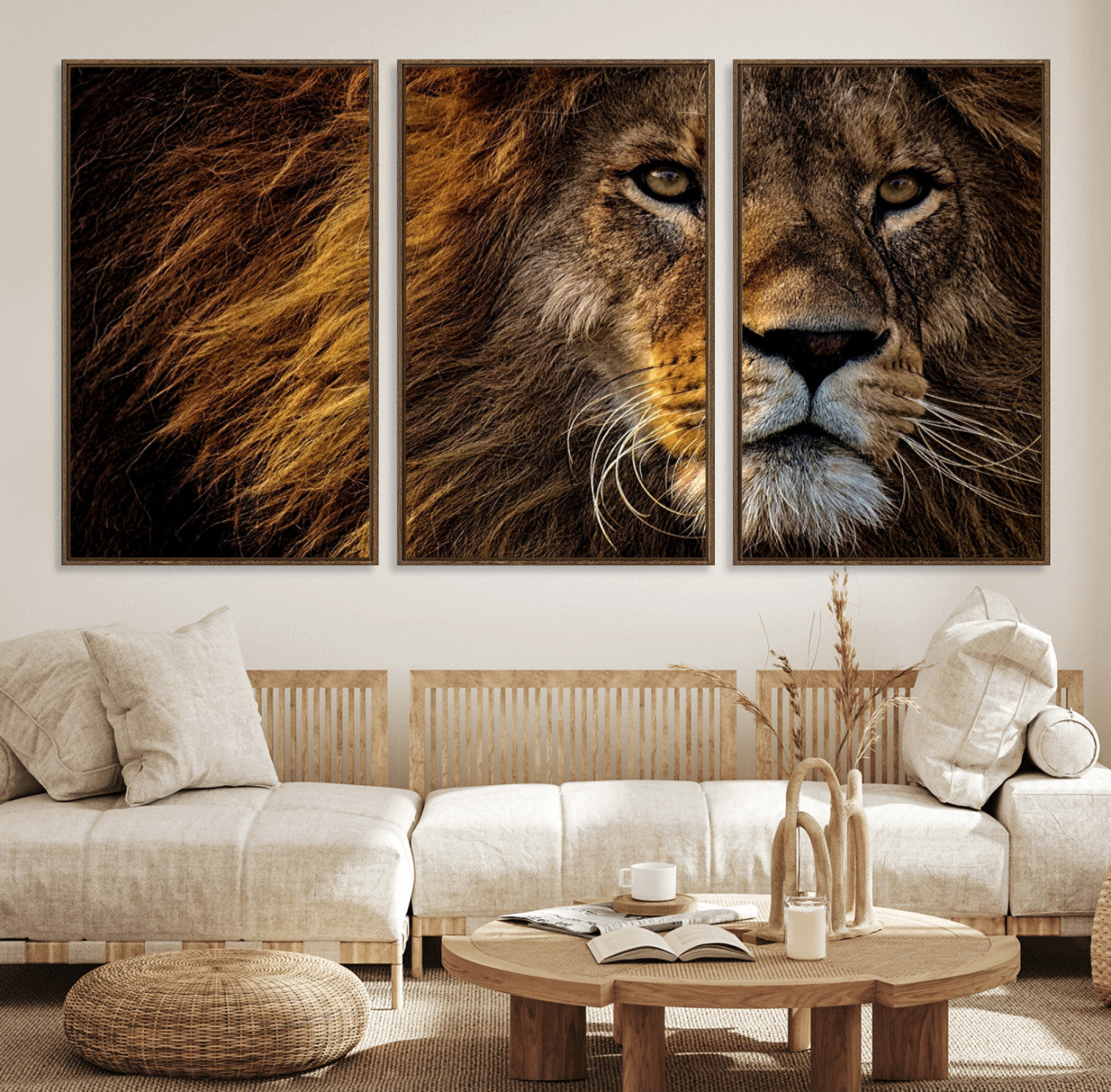 98665-MGV-FC-60X30-3P_Walnut-Mighty Lion Wall Art Canvas Print – Majestic Animal Portrait Artwork for Home, Office, Living Room, Guest Room