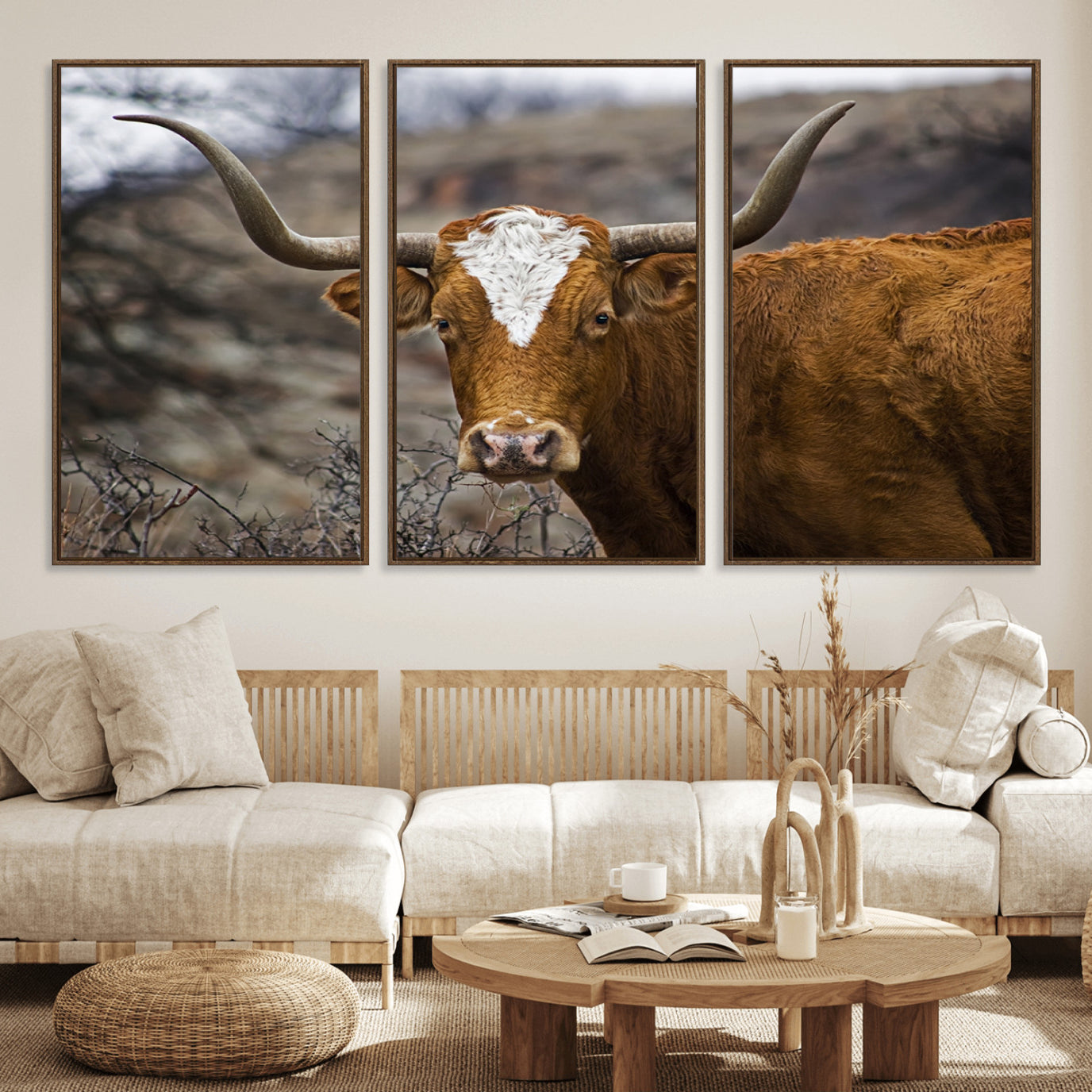 71797-MGV-FC-60X30-3P_Walnut-Texas Longhorn Canvas Wall Art - Longhorn Steer Canvas Wall Art Print- Rustic Western Animal Print,