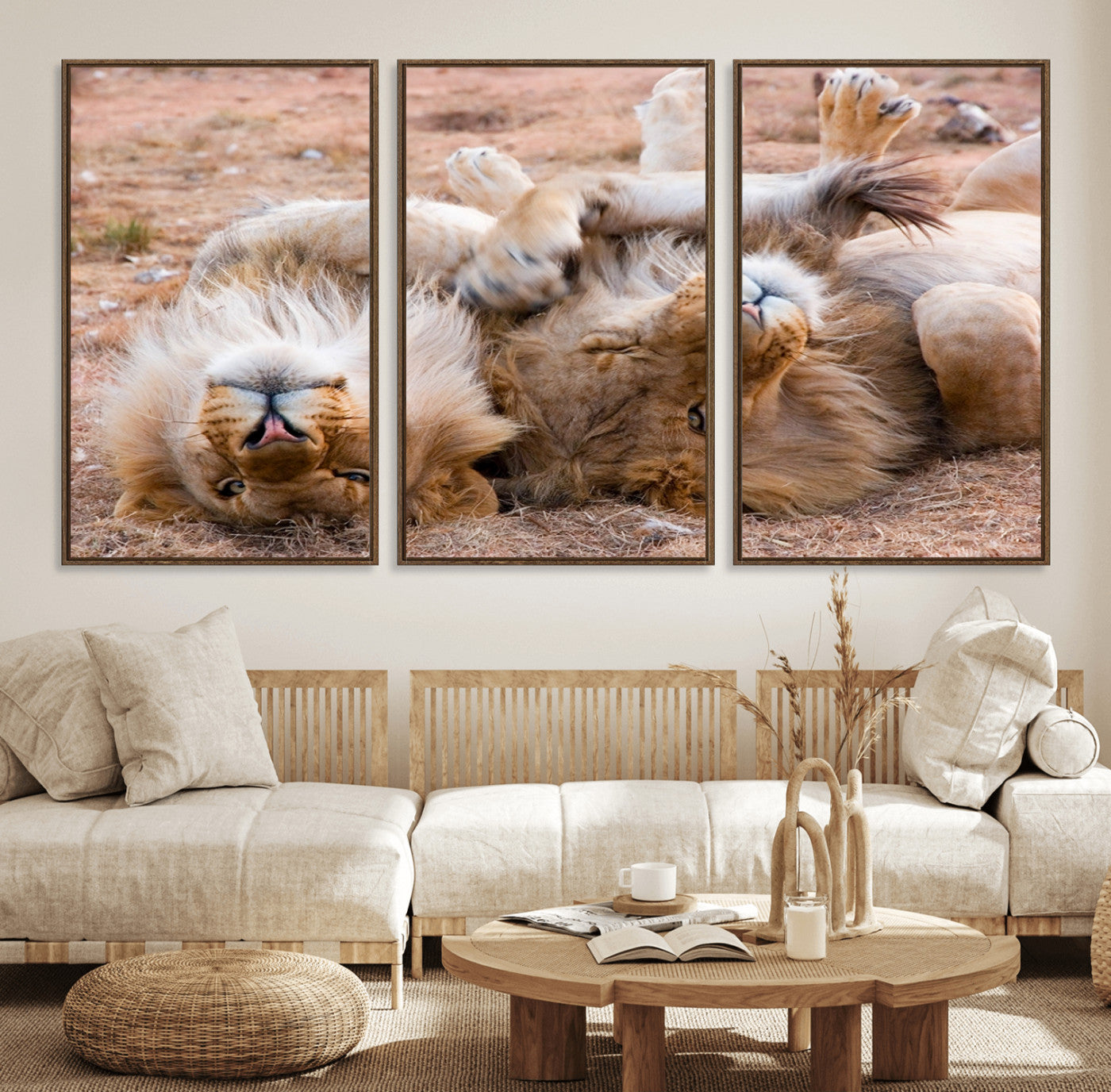 62598-MGV-FC-60X30-3P_Walnut-Lion Pair Wall Art Canvas Print – Framed Wildlife Scene with Playful Lions Artwork for Home, Office, Living Room