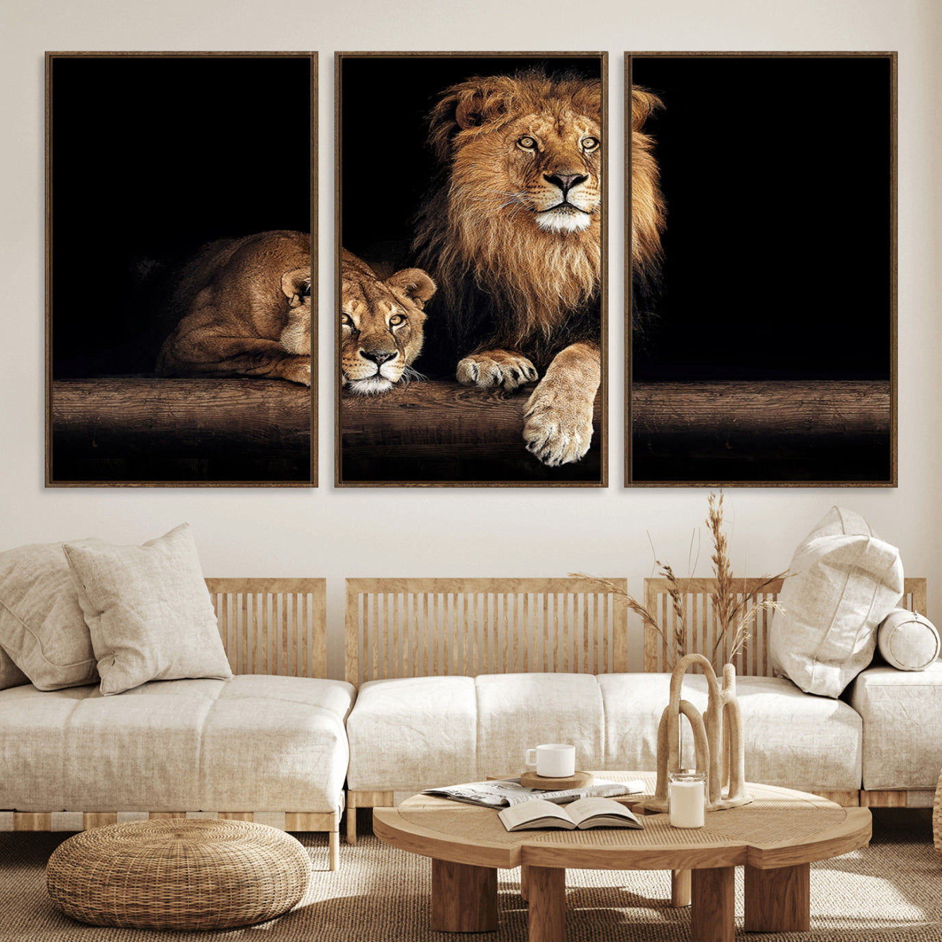 51304-MGV-FC-60X30-3P_Walnut-Lion Canvas Wall Art – Majestic Animal Print Artwork for Home, Office, Living Room, Guest Room, Farmhouse