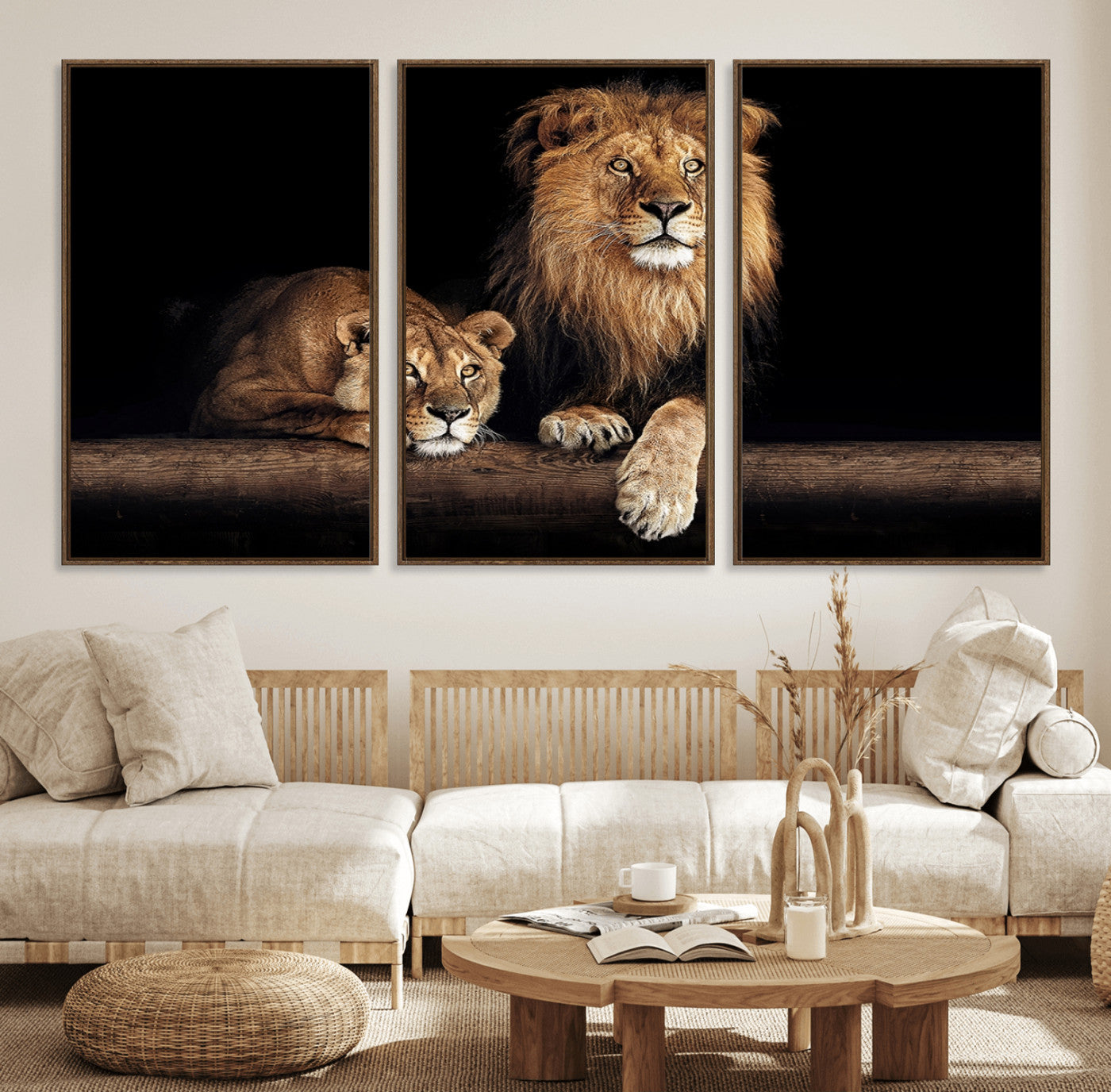 51304-MGV-FC-60X30-3P_Walnut-Lion Canvas Wall Art – Majestic Animal Print Artwork for Home, Office, Living Room, Guest Room, Farmhouse