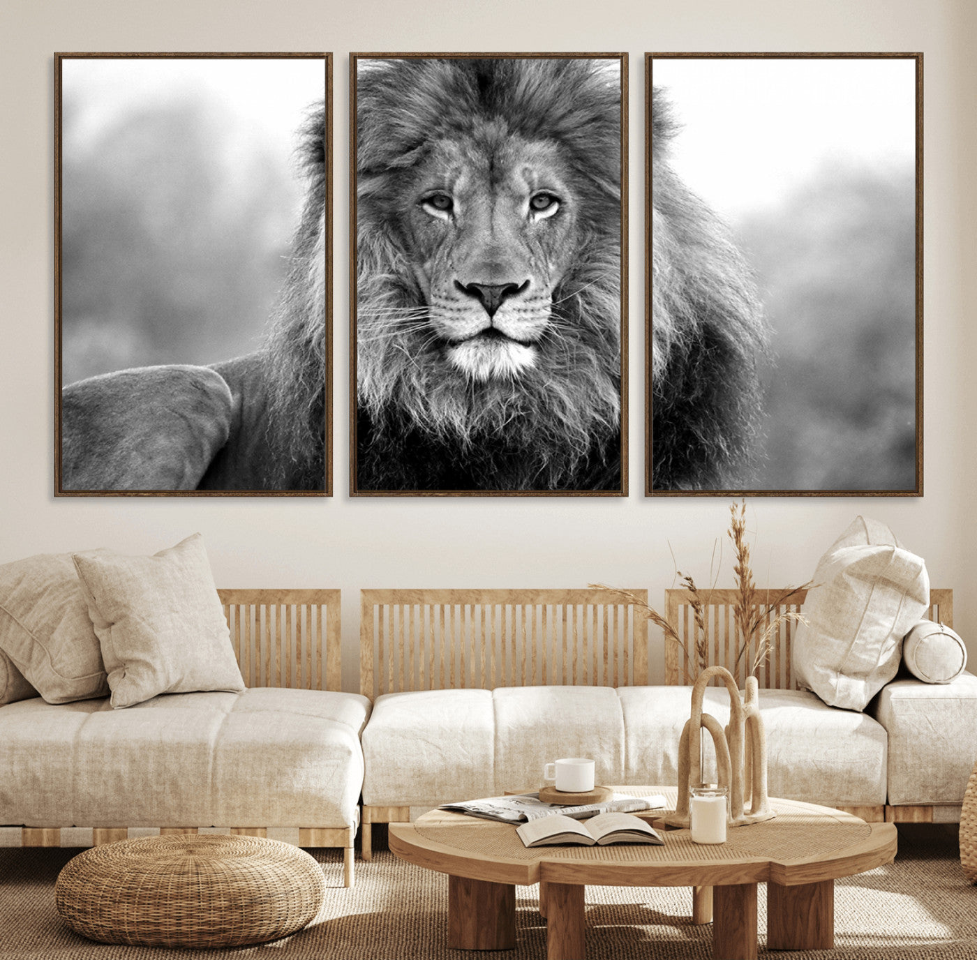 91590-MGV-FC-60X30-3P_Walnut-Black and White Lion Canvas Wall Art – Animal Print Artwork for Home, Office, Living Room, Guest Room