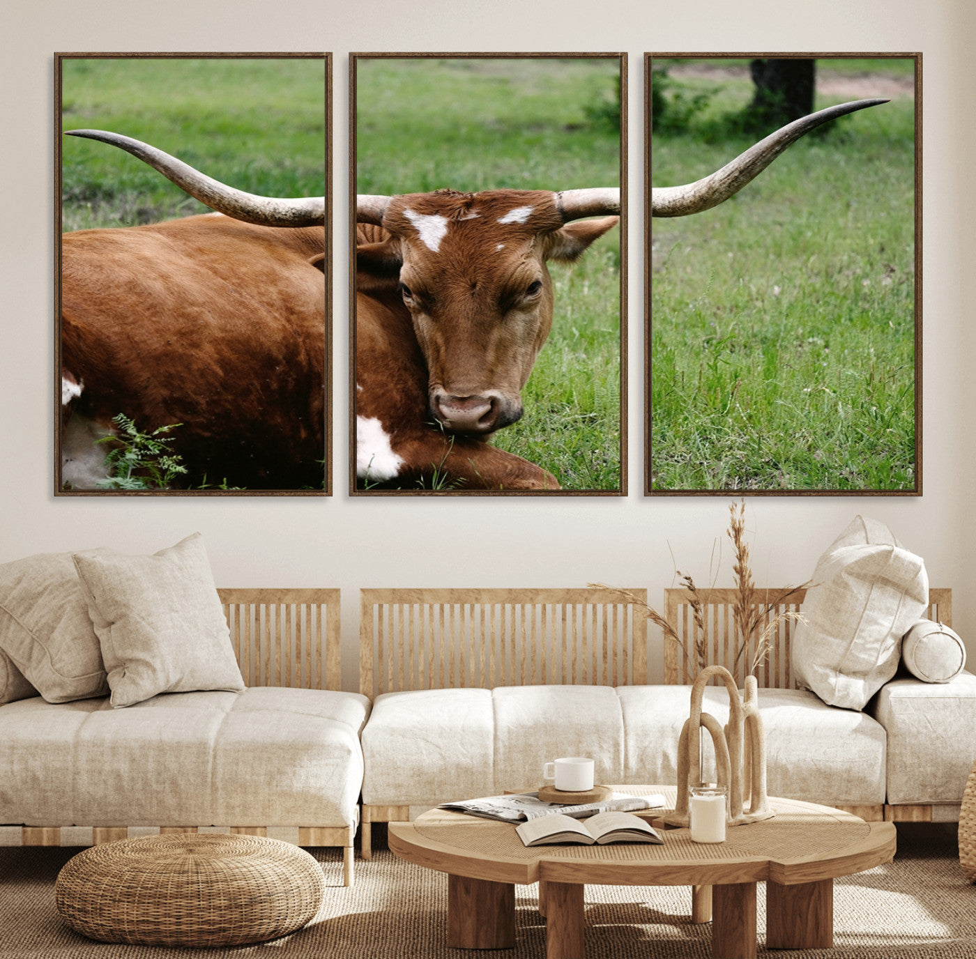 45997-MGV-FC-60X30-3P_Walnut-Longhorn Cow Animal Wall Art Canvas Print