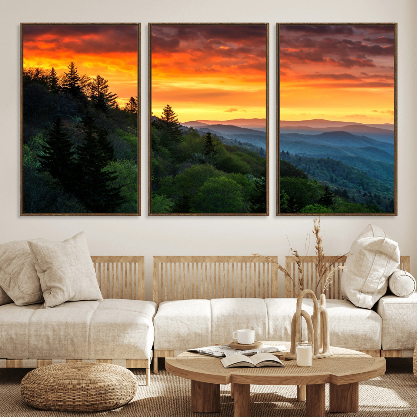 28501-MGV-FC-60X30-3P_Walnut-Great Smoky Mountains Sunset Wall Art Canvas Print | 3 Panel Large Nature Landscape Photography for