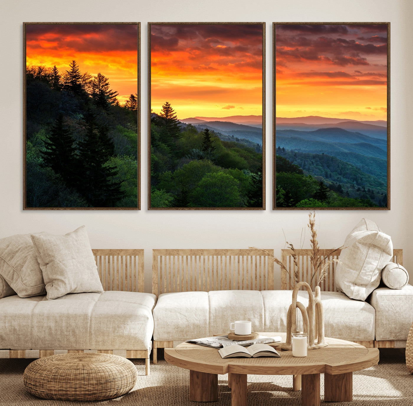 28501-MGV-FC-60X30-3P_Walnut-Great Smoky Mountains Sunset Wall Art Canvas Print | 3 Panel Large Nature Landscape Photography for