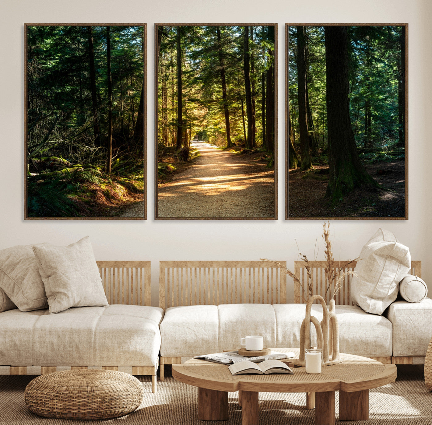 51762-MGV-FC-60X30-3P_Walnut-Sunlit Forest Pathway Canvas Print | 3 Panel Large Nature Wall Art for Living Room, Office, or