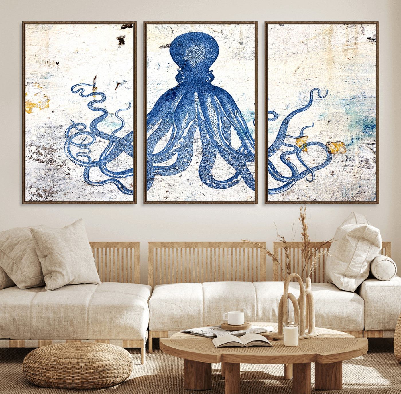 38211-MGV-FC-60X30-3P_Walnut-Octopus Canvas Wall Art | Coastal Marine Life Artwork for Living Room, Bedroom, or Office |