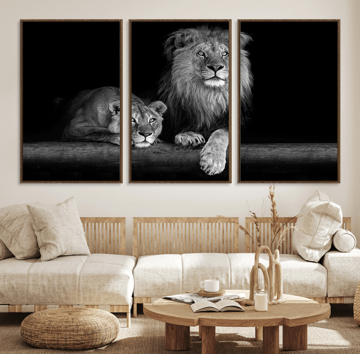 83601-MGV-FC-60X30-3P_Walnut-Large Black and White Lion Couple Wall Art Canvas Print – Framed Wildlife Photography Artwork for Home, Office