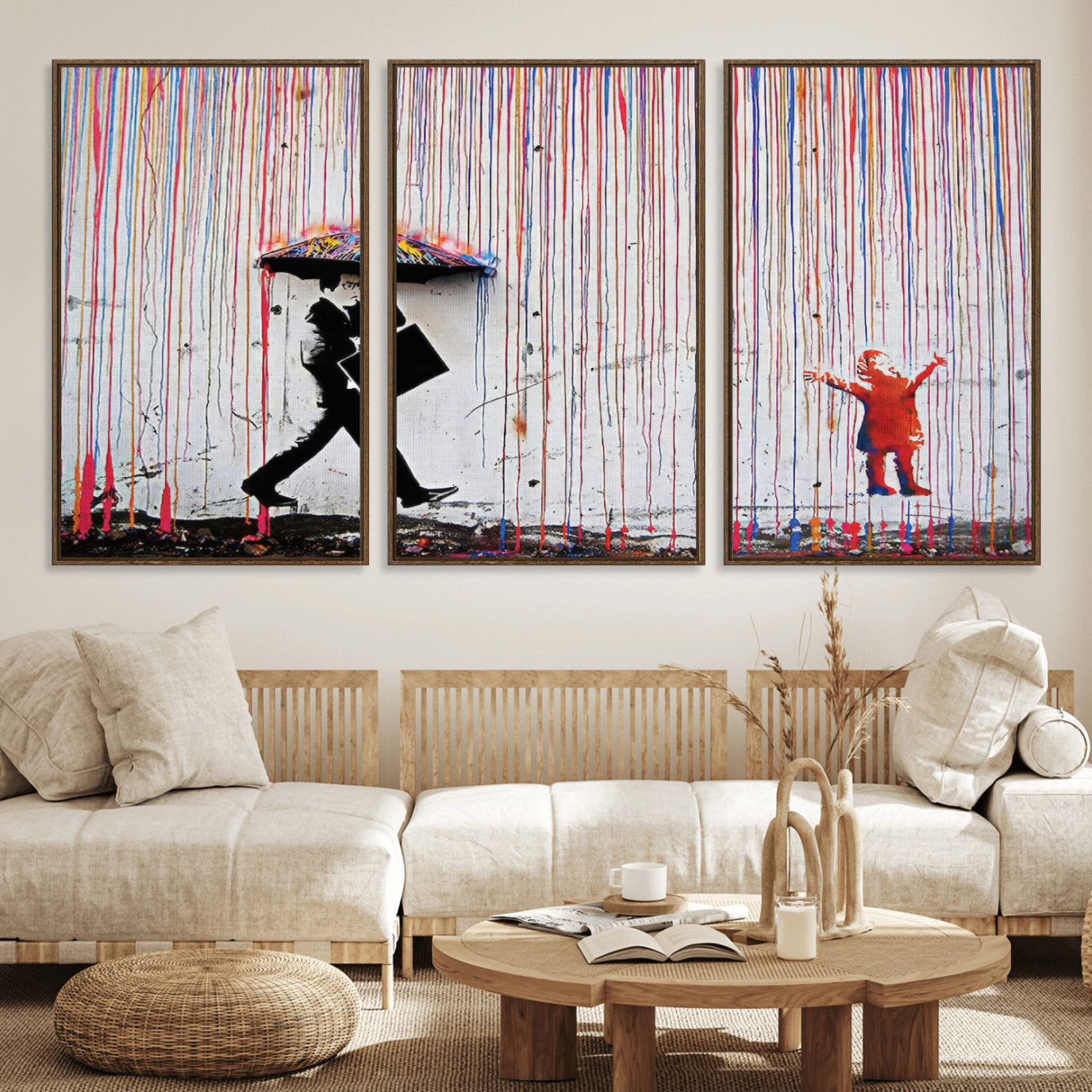 16292-MGV-FC-60X30-3P_Walnut-Banksy Wall Art Canvas Print, Framed Graffiti Art Picture Print, Banksy Urban Graffiti Perfect Modern Decor Artwork