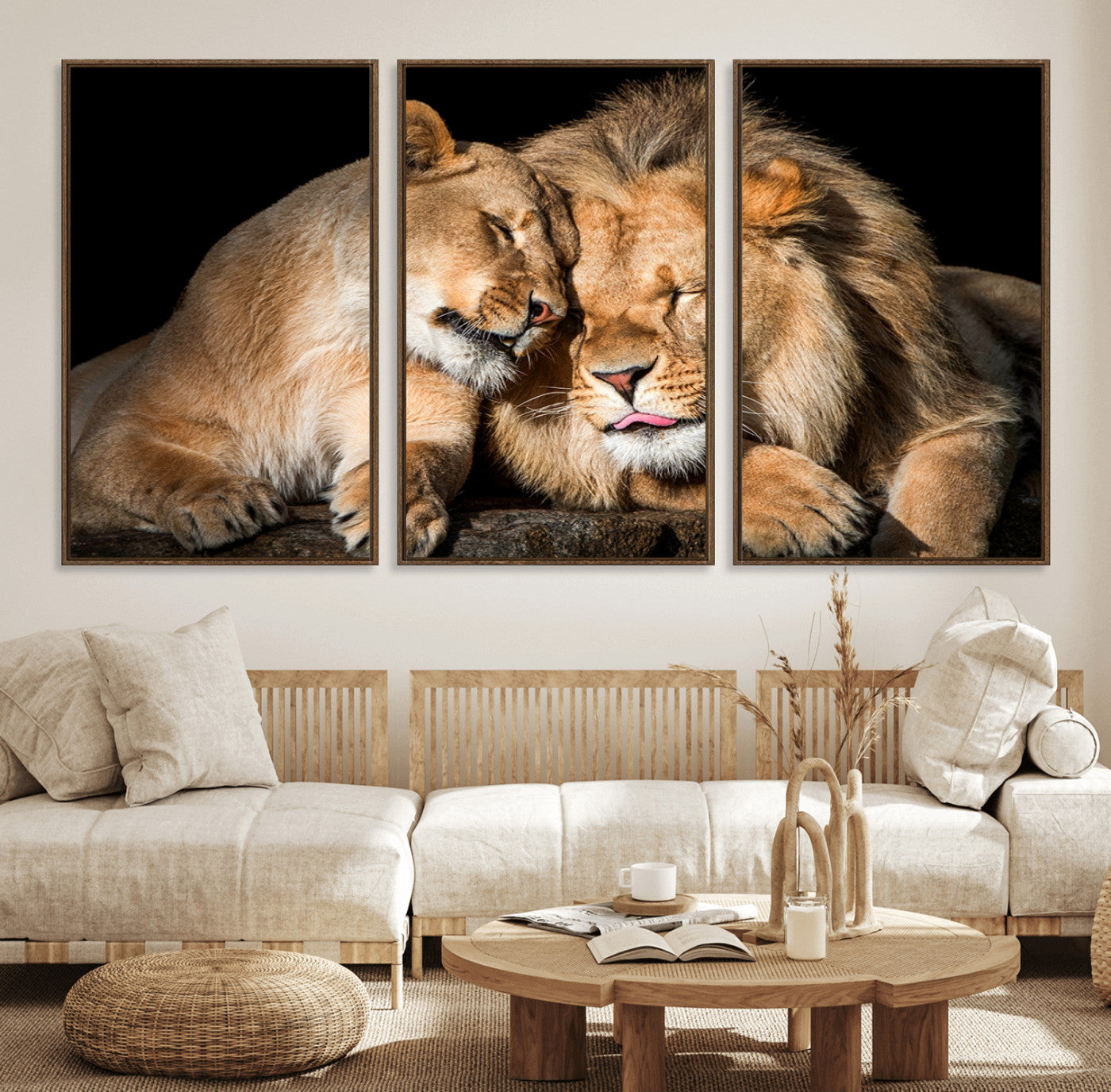 33694-MGV-FC-60X30-3P_Walnut-Lion and Lioness Wall Art Canvas Print – Framed African Wildlife Animal-Themed Artwork for Home, Office, Living Room