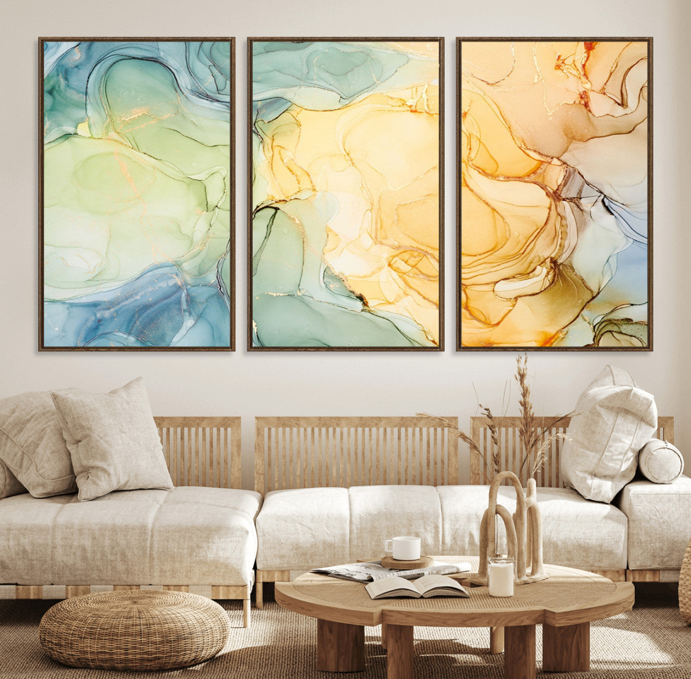 42195-MGV-FC-60X30-3P_Walnut-Green and Yellow Marble Fluid Effect Wall Art, Green and Yellow Marble Canvas Wall Art Print