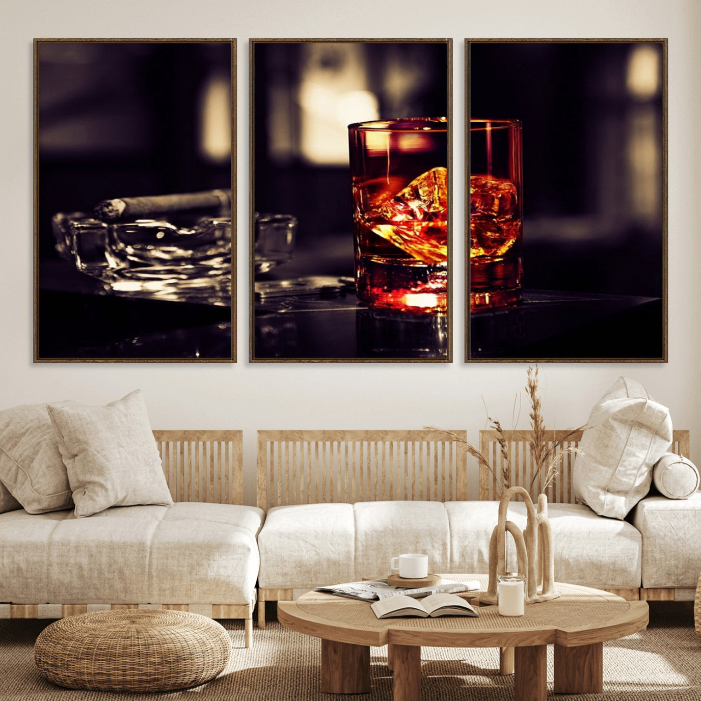 40315-MGV-FC-60X30-3P_Walnut-Whiskey and Cigar Canvas – Luxurious Wall Art for Home or Bar – Glass and Cigar Scene Print Canvas
