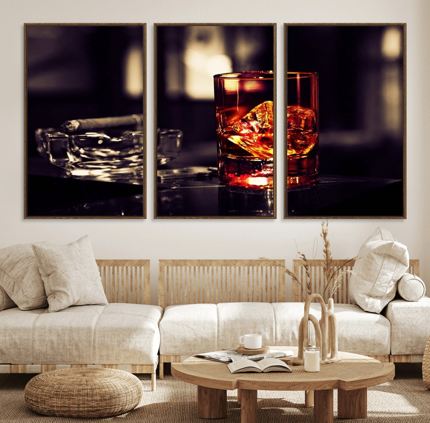 40315-MGV-FC-60X30-3P_Walnut-Whiskey and Cigar Canvas – Luxurious Wall Art for Home or Bar – Glass and Cigar Scene Print Canvas