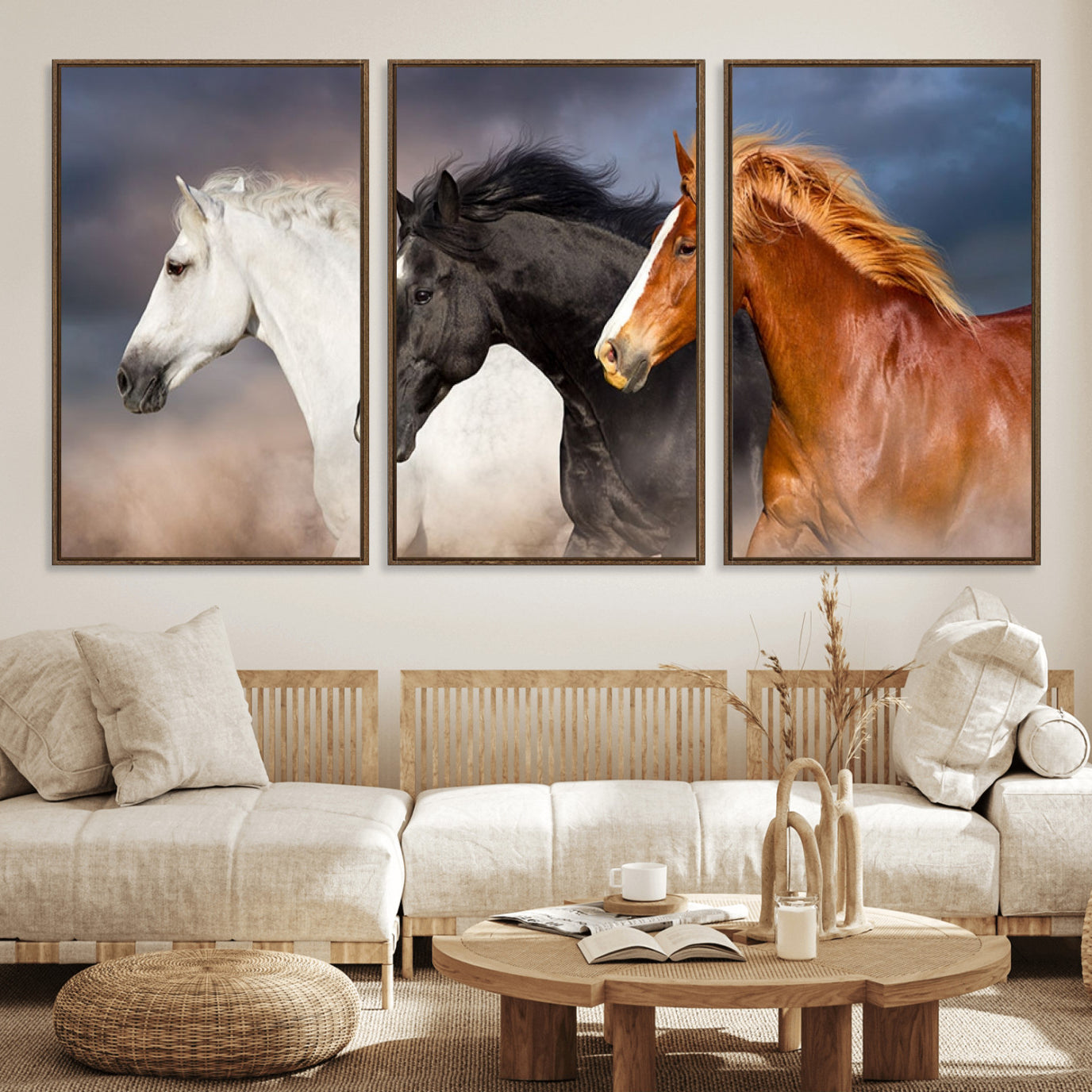 51754-MGV-FC-60X30-3P_Walnut-Animal Wall Art Three Horses Farmhouse Art Canvas, Framed Three Horses Canvas Print