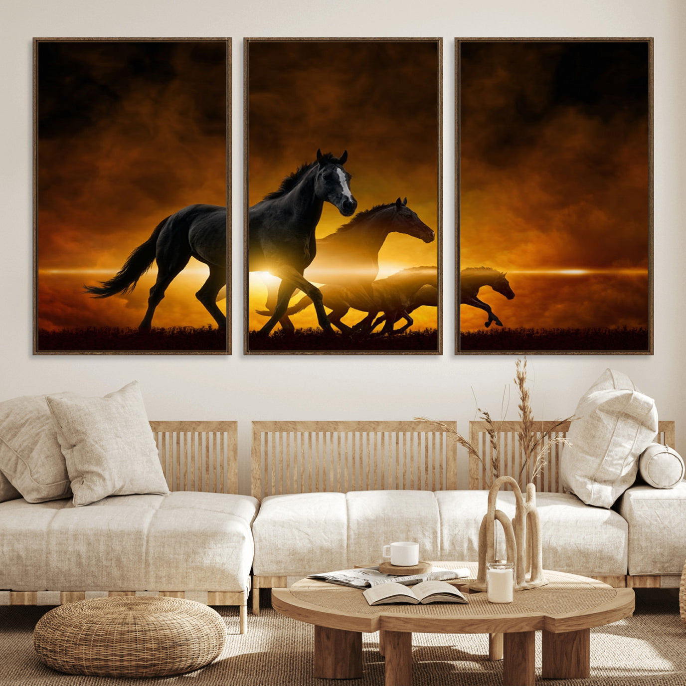 56665-MGV-FC-60X30-3P_Walnut-Horse Wall Art Canvas Print, Multi Panel Animal Canvas Print