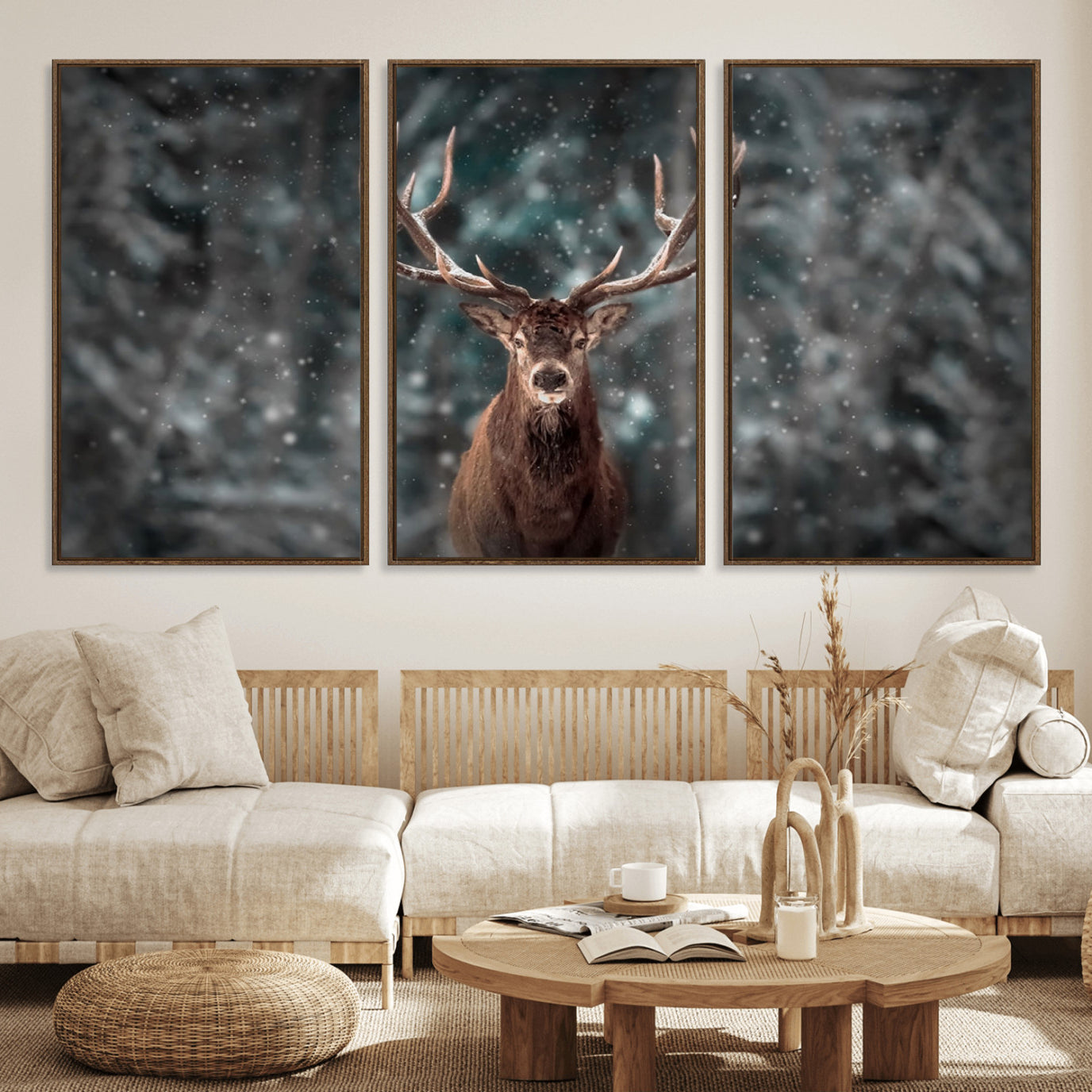 77011-MGV-FC-60X30-3P_Walnut-Wall Art Deer Art Animal Canvas, Framed Wall Art Deer Canvas Print