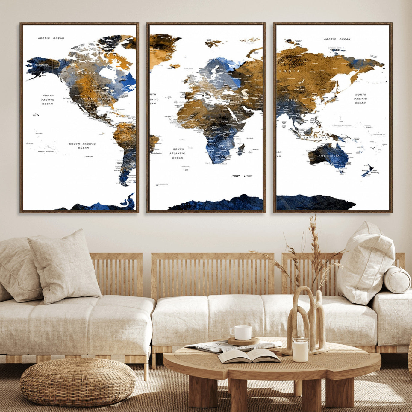 32677-MGV-FC-60X30-3P_Walnut-Modern Abstract World Map Canvas Wall Art – Framed Blue and Gold Map Print, Elegant Contemporary Travel Decor for Home and Office Walls