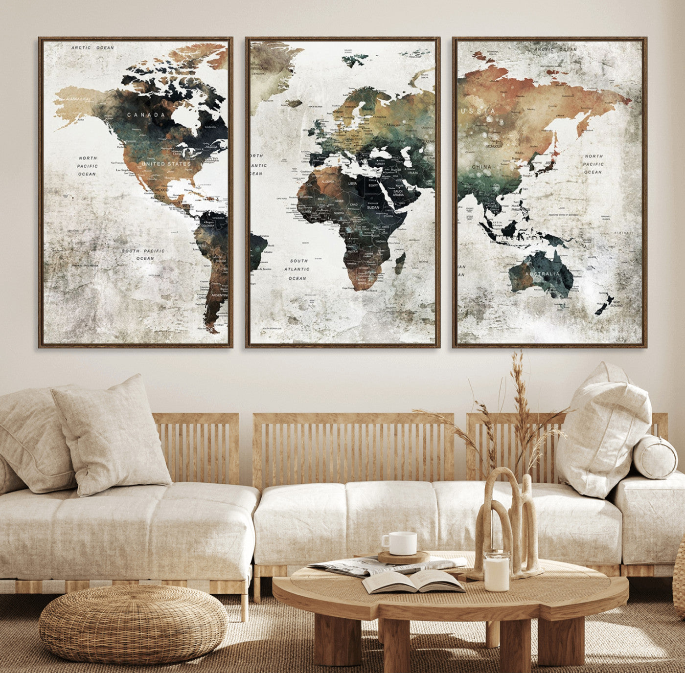 19444-MGV-FC-60X30-3P_Walnut-Push Pin World Map Canvas Print – Travel Tracker Wall Art for Couples, Perfect Anniversary Gift for Home or Office Decor