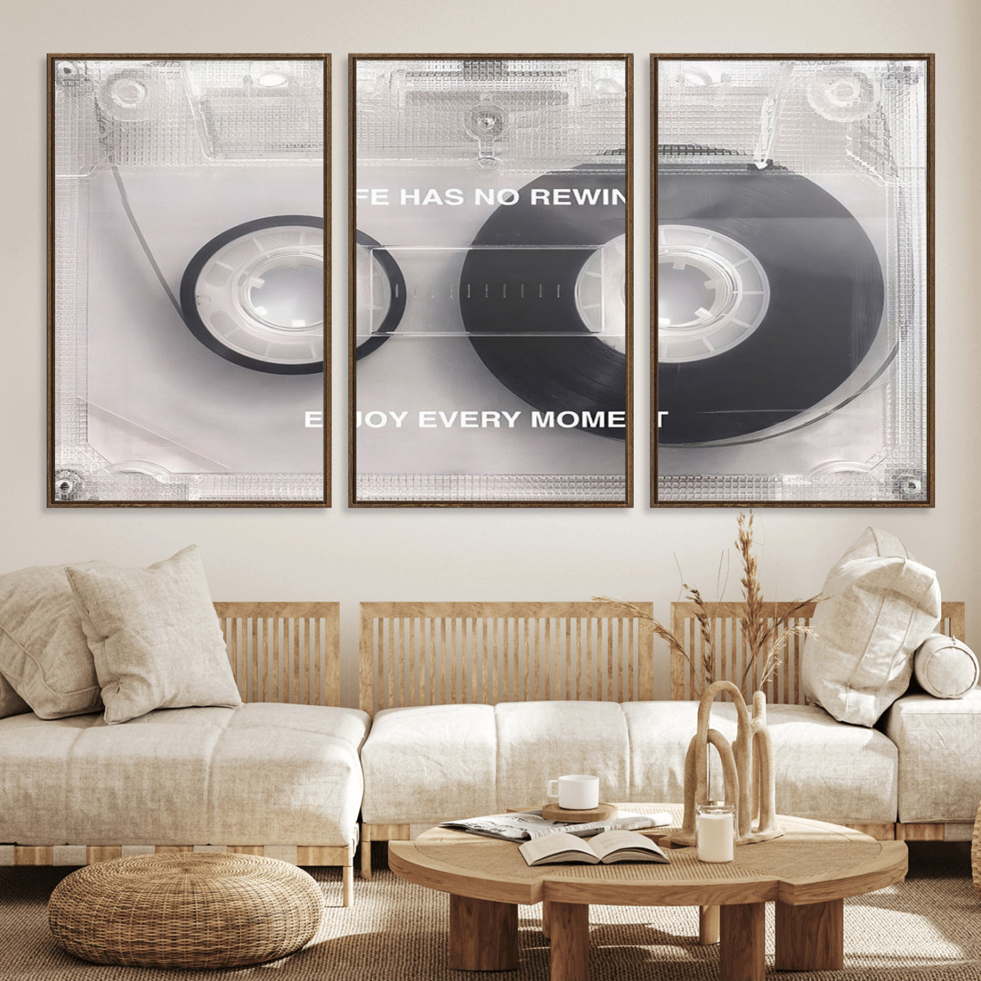 54028-MGV-FC-60X30-3P_Walnut-Vintage Cassette Tape Canvas Wall Art - Inspirational 'Life Has No Rewind' Quote, Retro Music Decor