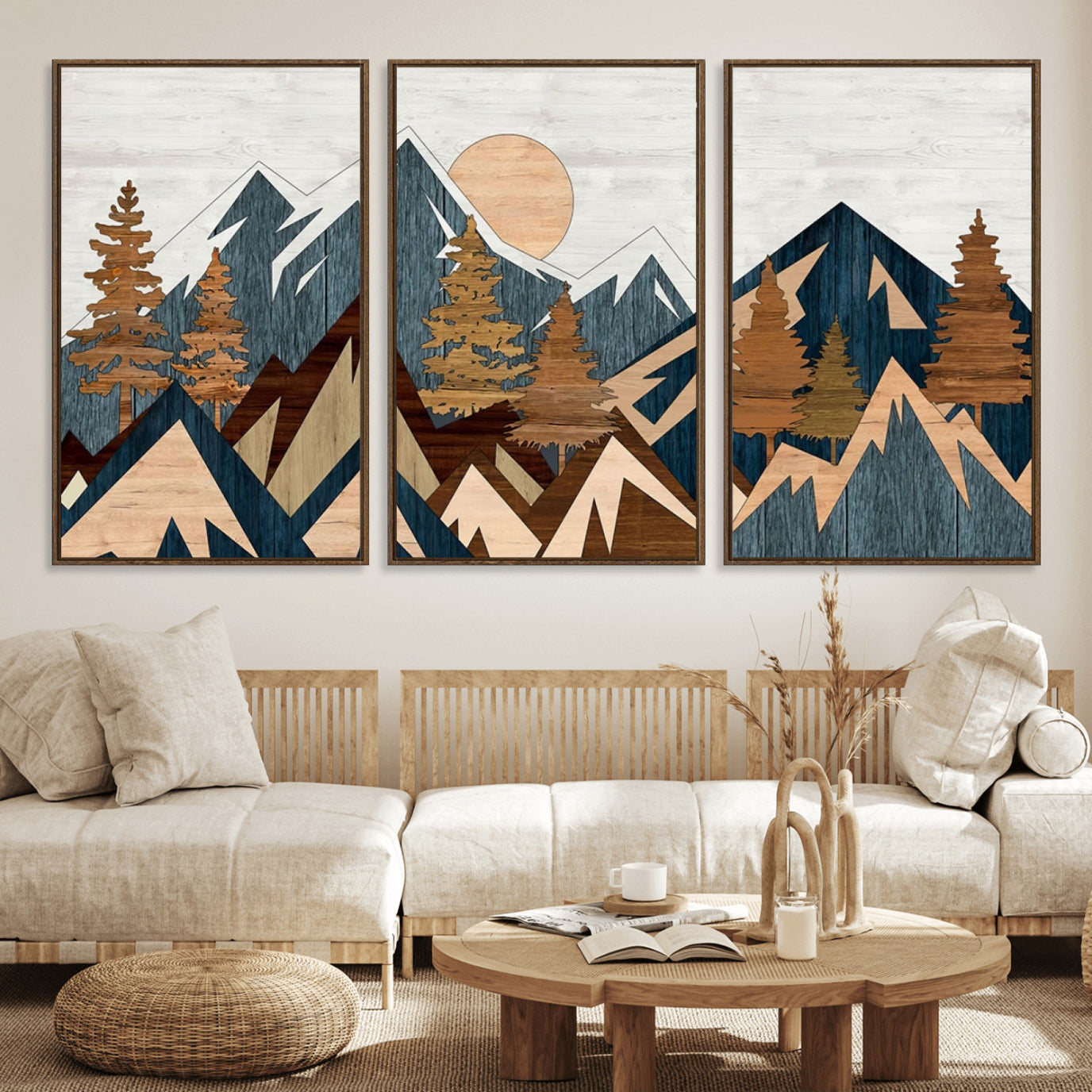 91467-MGV-CV-36X24-Abstract Wood Panel Effect Mountain Range Top Wall Art Canvas Print