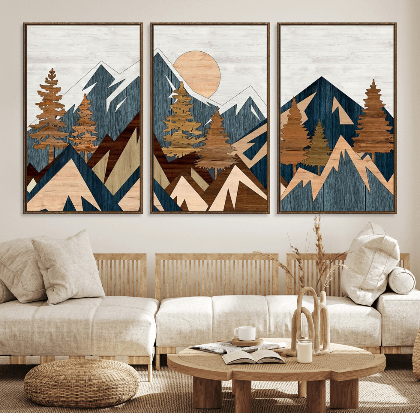 91467-MGV-CV-36X24-Abstract Wood Panel Effect Mountain Range Top Wall Art Canvas Print