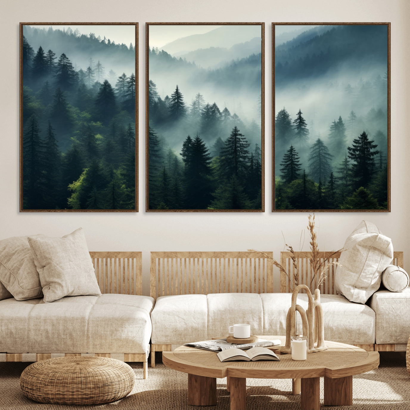 17687-MGV-FC-60X30-3P_Walnut-Captivating Misty Forest Wall Art Premium Canvas Print a Foggy and Serene Atmosphere Art